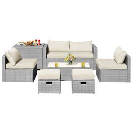 Pefilos - 8 Pieces Patio Rattan Furniture Set with Storage Waterproof Cover and Cushion-Off Wicker Furniture Conversation - White