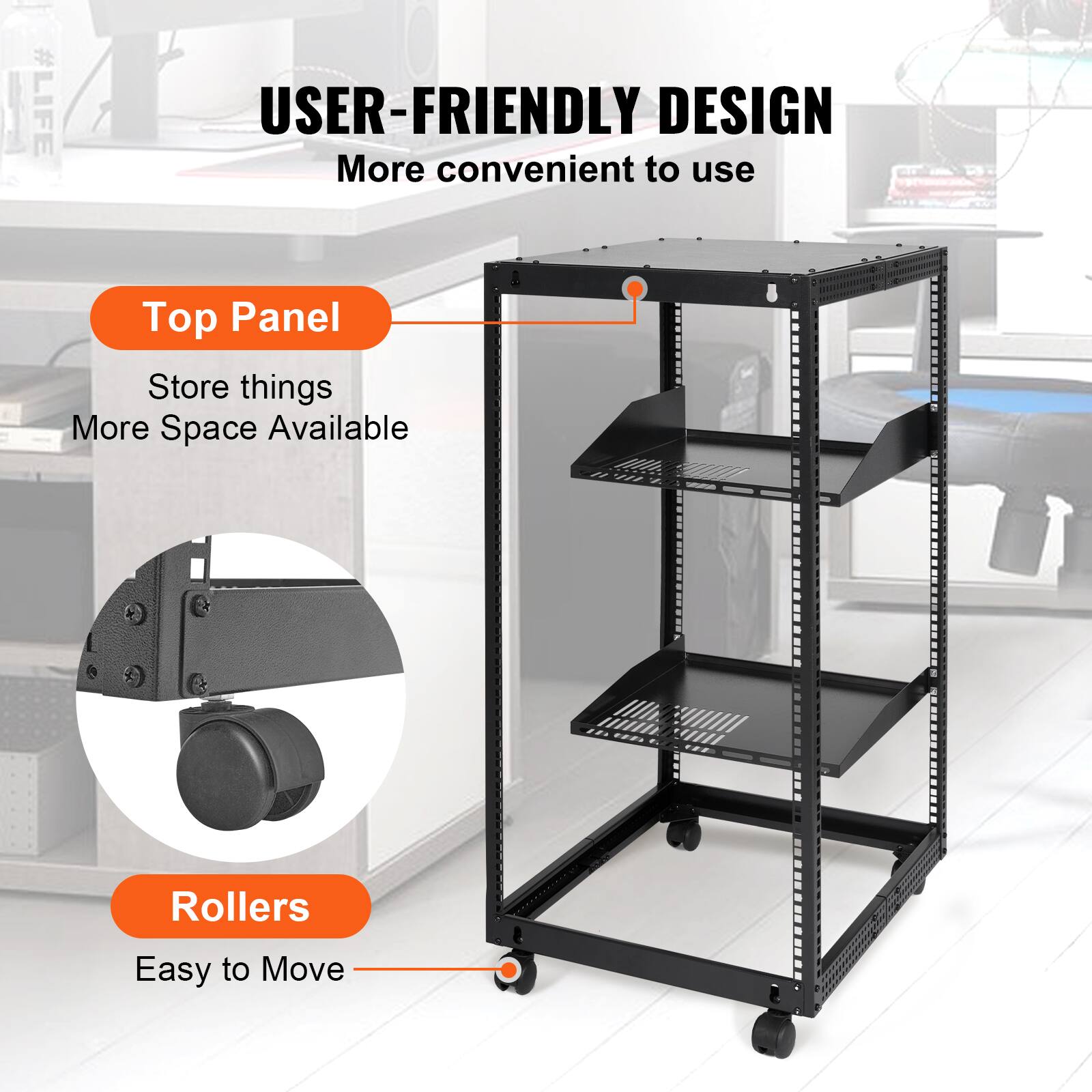 #LIFE USER-FRIENDLY DESIGN  
More convenient to use  

Top Panel  
Store things  
More Space Available  

Rollers  
Easy to Move