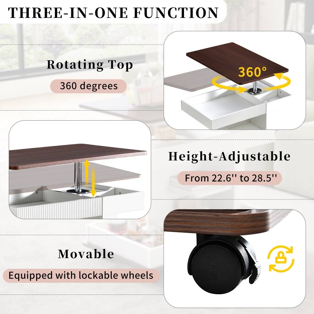 THREE-IN-ONE FUNCTION

- Rotating Top
  - 360 degrees

- Height-Adjustable
  - From 22.6" to 28.5"

- Movable
  - Equipped with lockable wheels