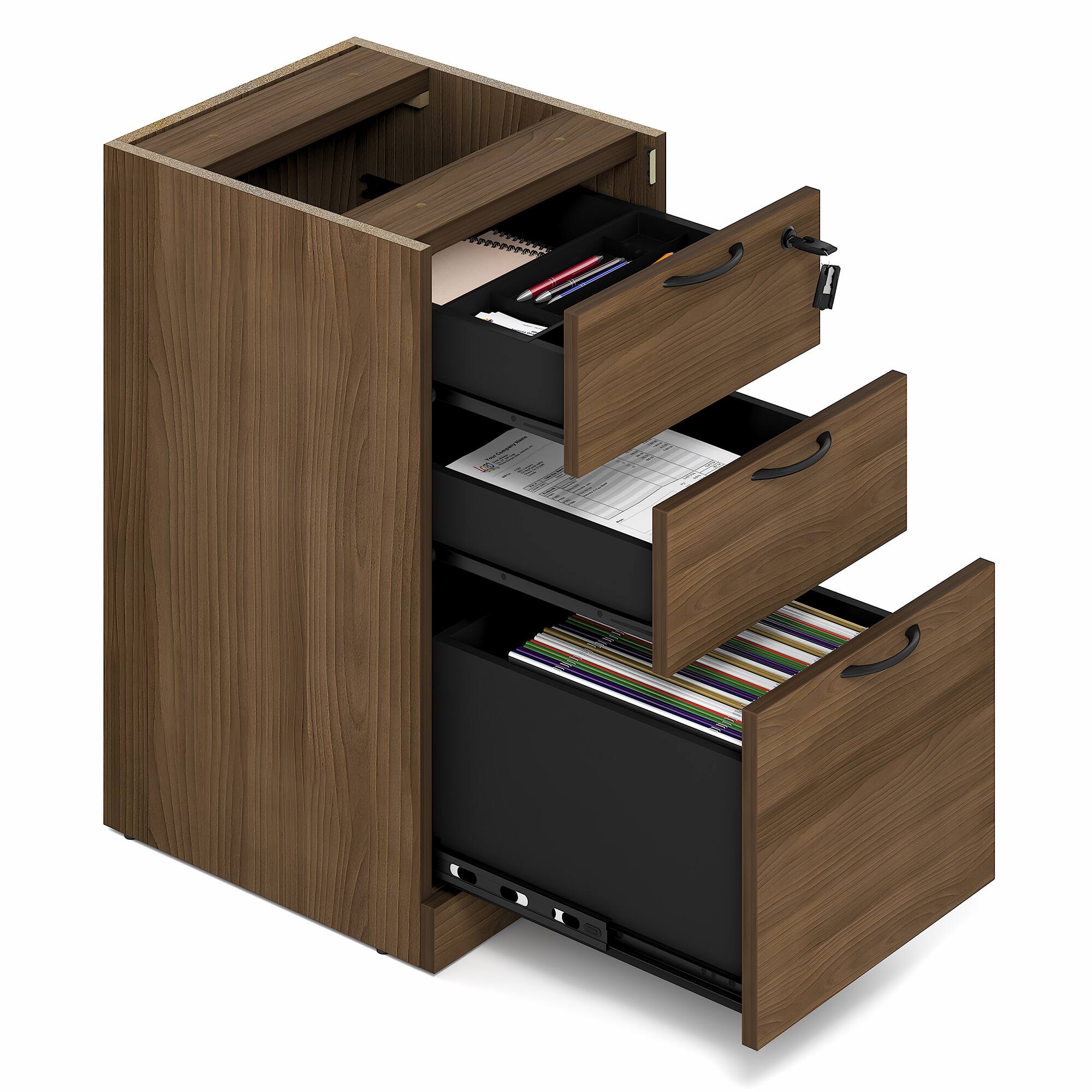 Alt View 2. Furinno - ROGER File Cabinet, 3-Drawer Fixed Pedestal Filing Cabinet with Lock, Soft-Close Drawers, for Home Office - Modern Walnut.