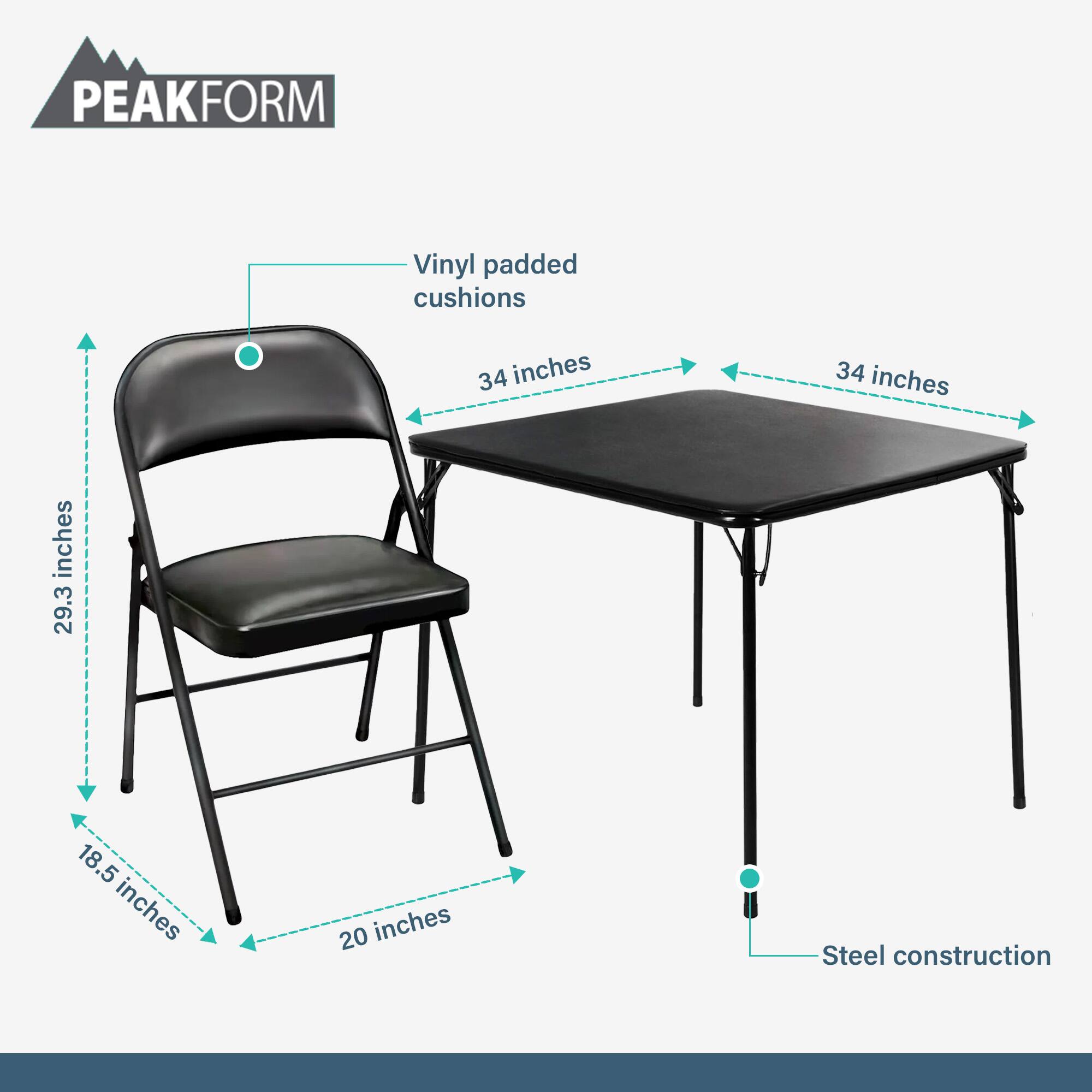 PEAKFORM Vinyl padded cushions  
34 inches x 34 inches  
29.3 inches x 18.5 inches x .5 inches  
20 inches  
Steel construction