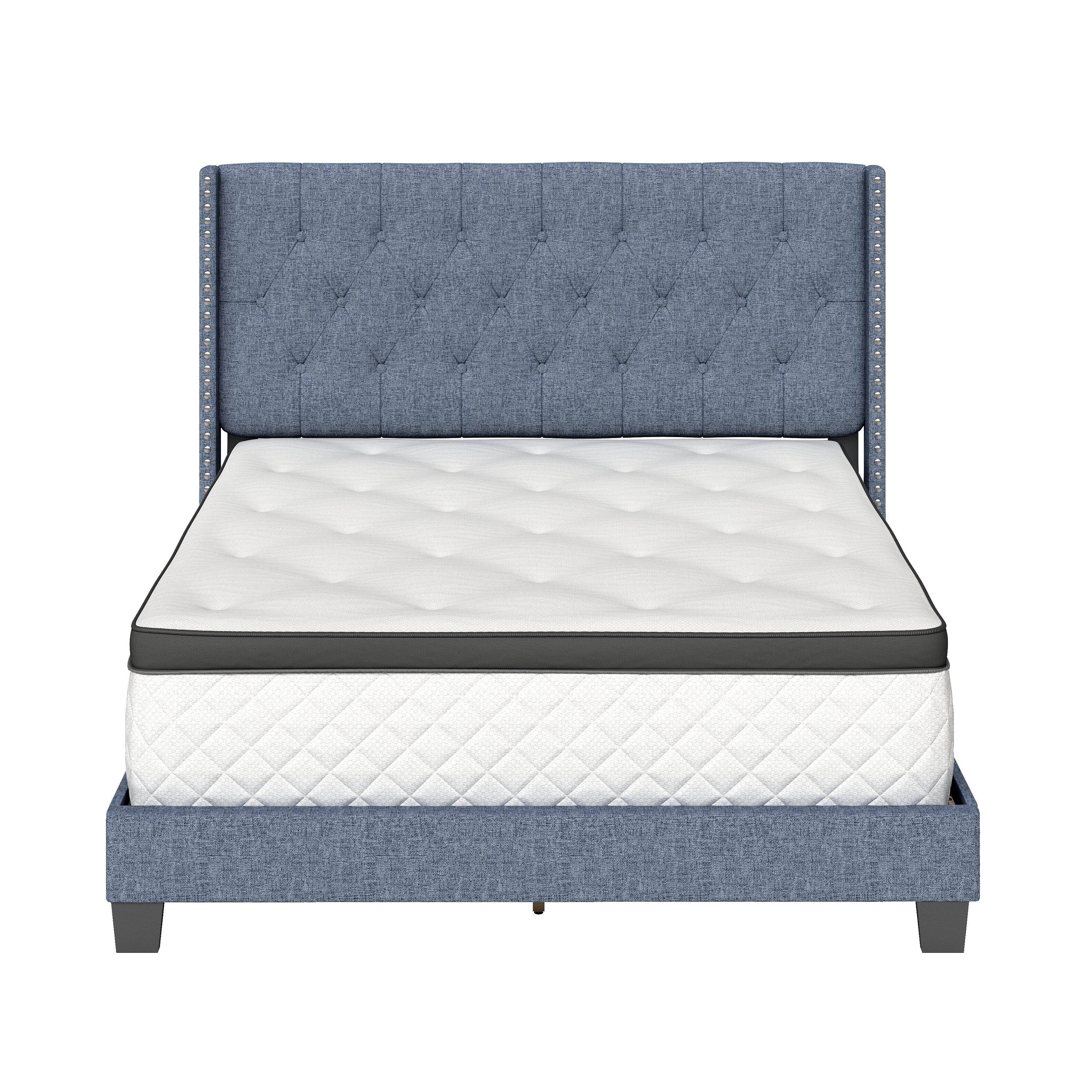 Alt View 3. Boyd Sleep - Mia Linen Platform Bed Frame with Tufted Headboard and Nailhead Trim, No Box Spring Required - Blue.