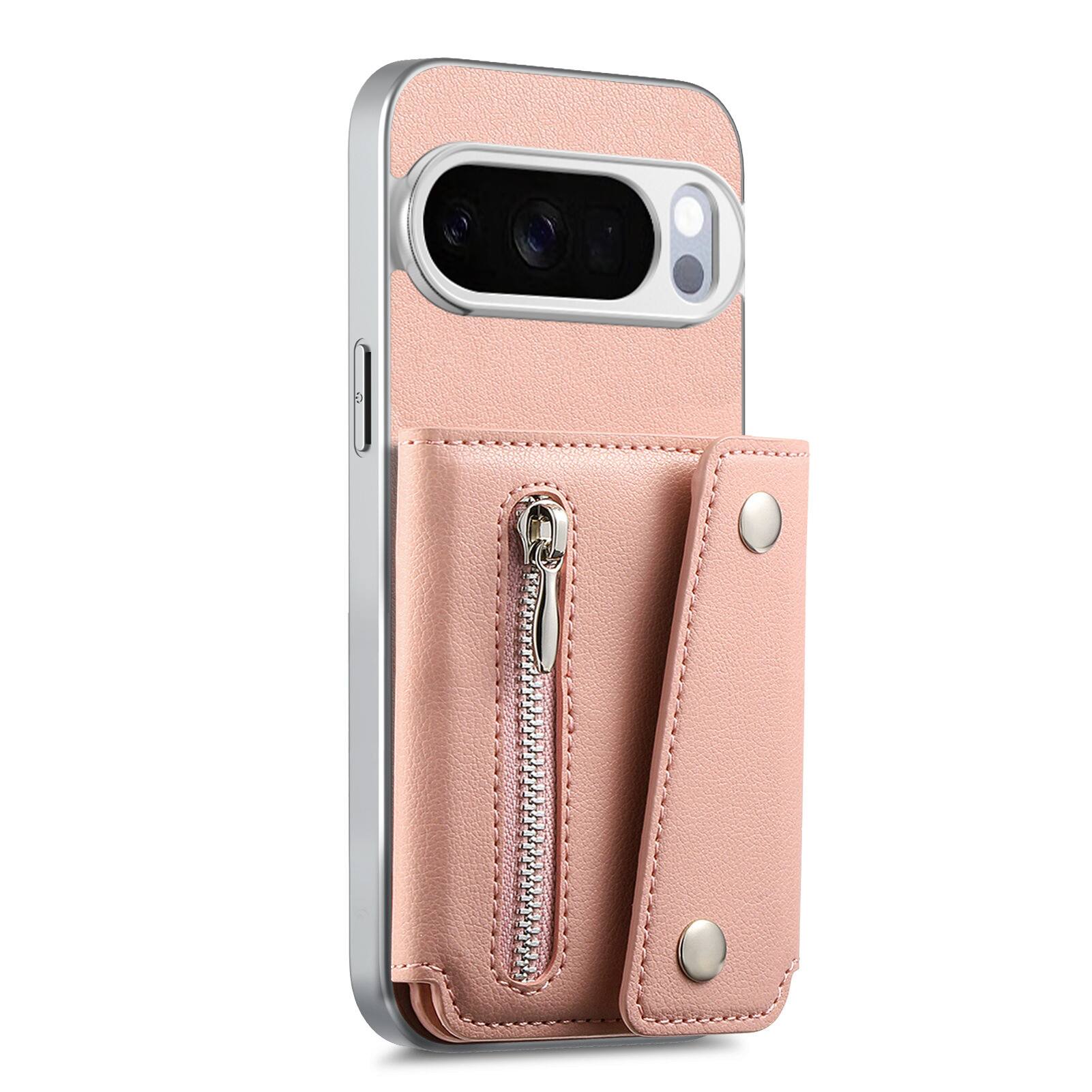 Angle. Dteck - PU Leather Wallet Case for Google Pixel 10 Pro, Shockproof Kickstand Phone Cover with Card Slots and Zipper Pocket - Pink.