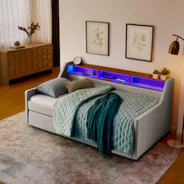 Anysun - Twin Upholstered Sofa Bed with LED Lights&Storage-Adjustable Headboard, Pull-Up Trundle & Wireless Charging, Linen Frame - Beige