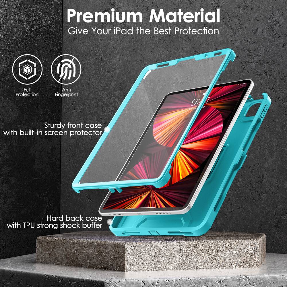 Premium Material  
Give Your iPad the Best Protection  

- Full Protection  
- Anti Fingerprint  

Sturdy front case with built-in screen protector  

Hard back case with TPU strong shock buffer