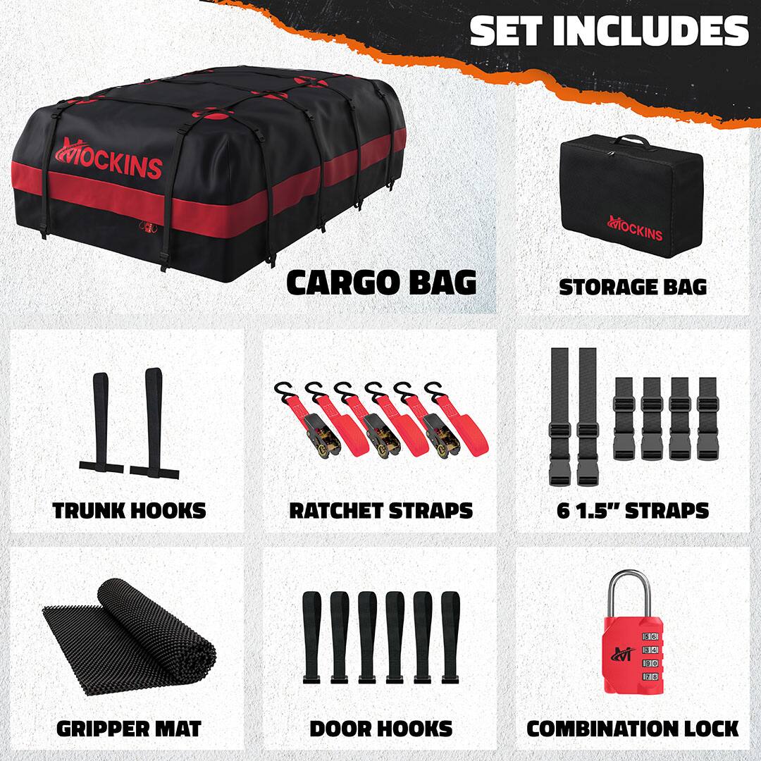 SET INCLUDES  
- CARGO BAG  
- STORAGE BAG  
- TRUNK HOOKS  
- RATCHET STRAPS  
- 6 1.5" STRAPS  
- GRIPPER MAT  
- DOOR HOOKS  
- COMBINATION LOCK