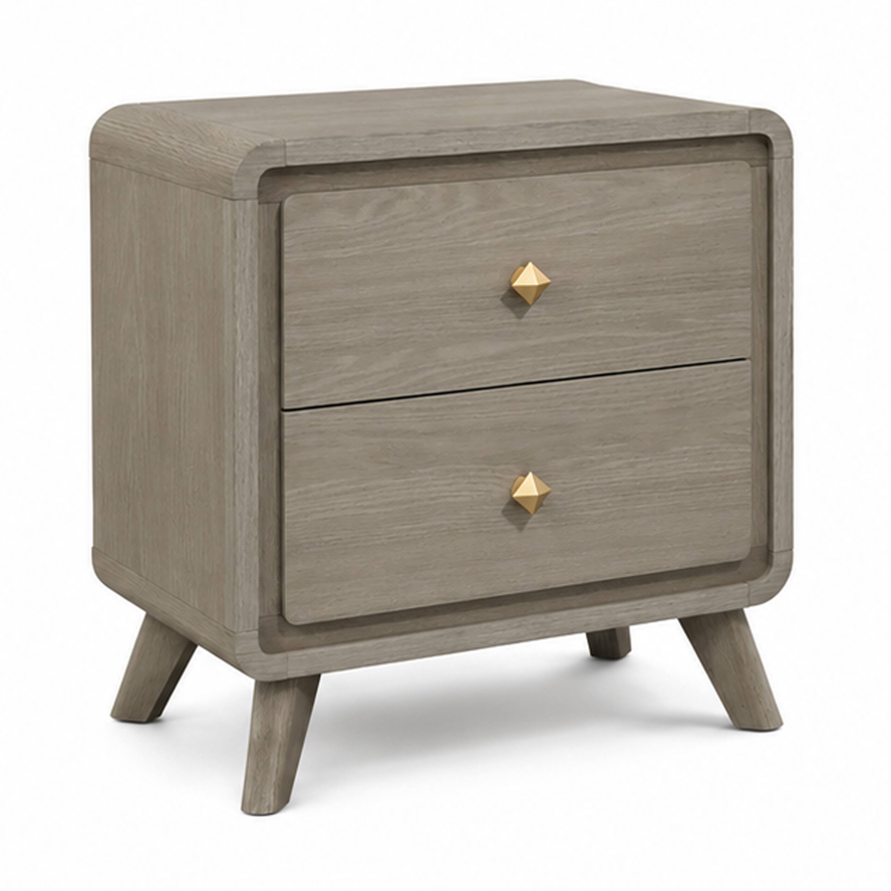 Front. Manhattan Lane - Reny Nightstand, 2 Drawers, Rounded Edges, Knobs, Rustic Wood - Gray, Gold.