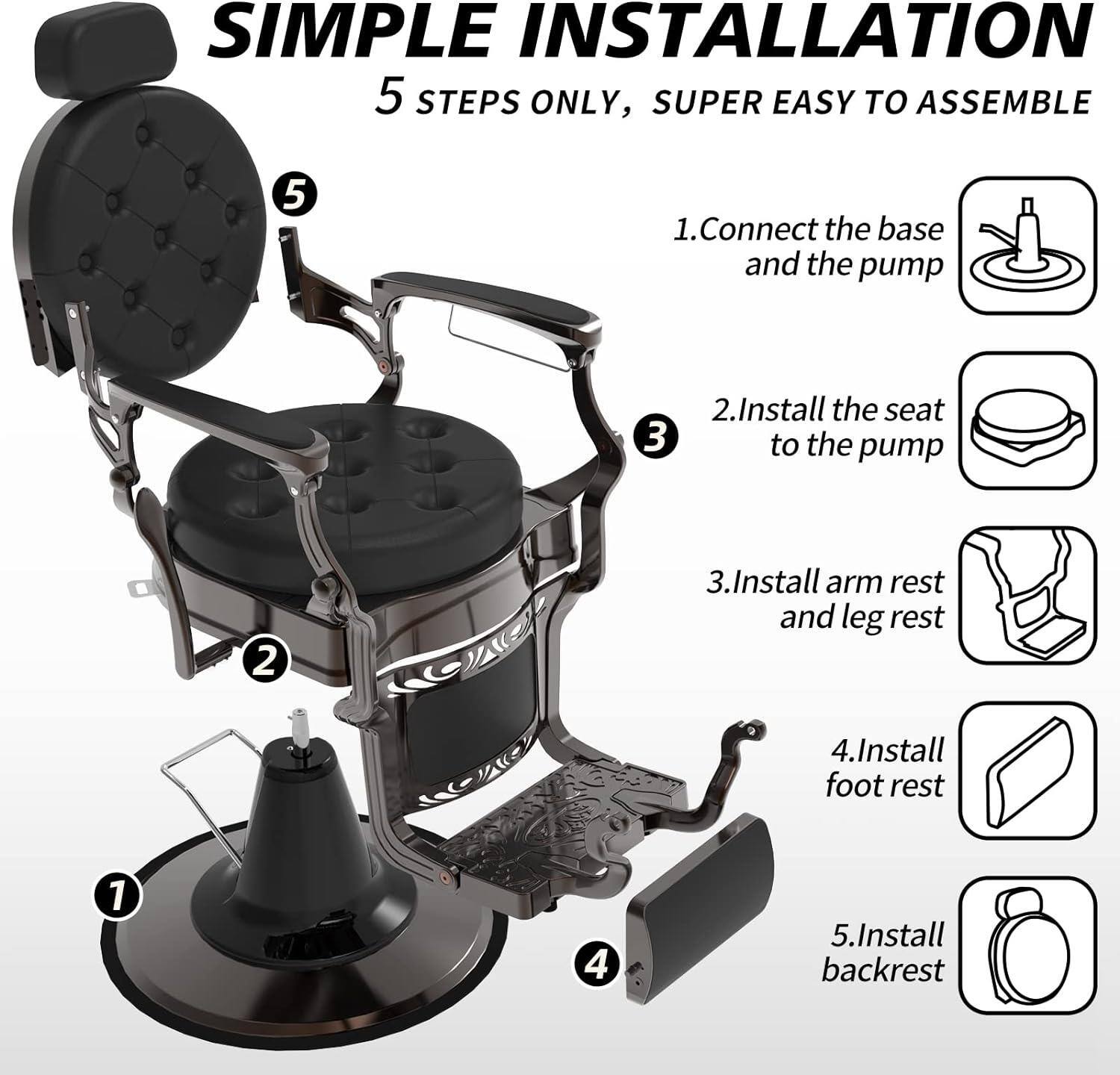 Sure, here is the corrected and grouped text:

---

**SIMPLE INSTALLATION**  
5 STEPS ONLY, SUPER EASY TO ASSEMBLE

1. Connect the base and the pump  
2. Install the seat to the pump  
3. Install arm rest and leg rest  
4. Install foot rest  
5. Install backrest  

---