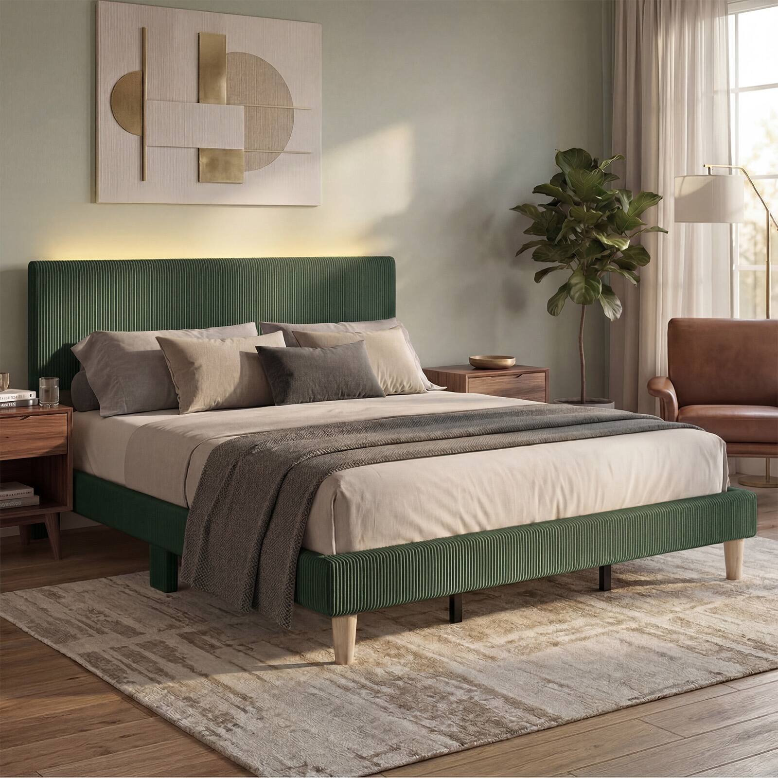 Left. Bestier - King Size Velvet Upholstered Platform Bed Frame with Storage Headboard LED Lights - Green.