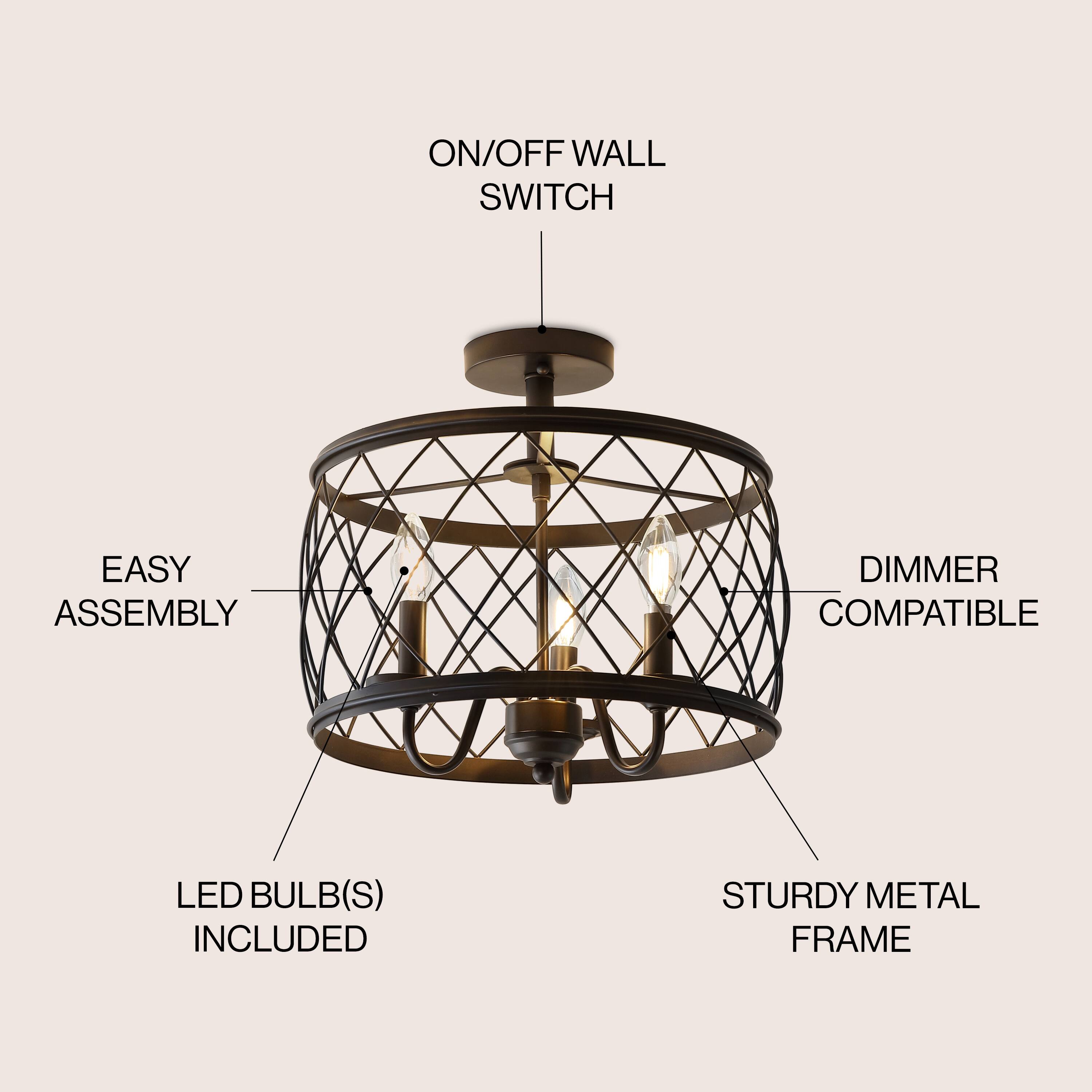 ON/OFF WALL SWITCH  
EASY ASSEMBLY  
DIMMER COMPATIBLE  
LED BULB(S) INCLUDED  
STURDY METAL FRAME