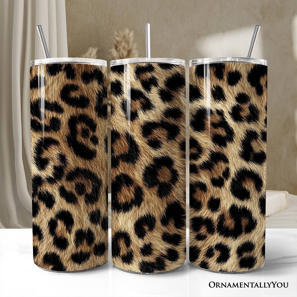 Left. OrnamentallyYou - Wild Leopard Spot Pattern 20oz Tumbler With Lid and Stainless Steel Straw, Stylish Wildlife Gift Cup - Multicolored.