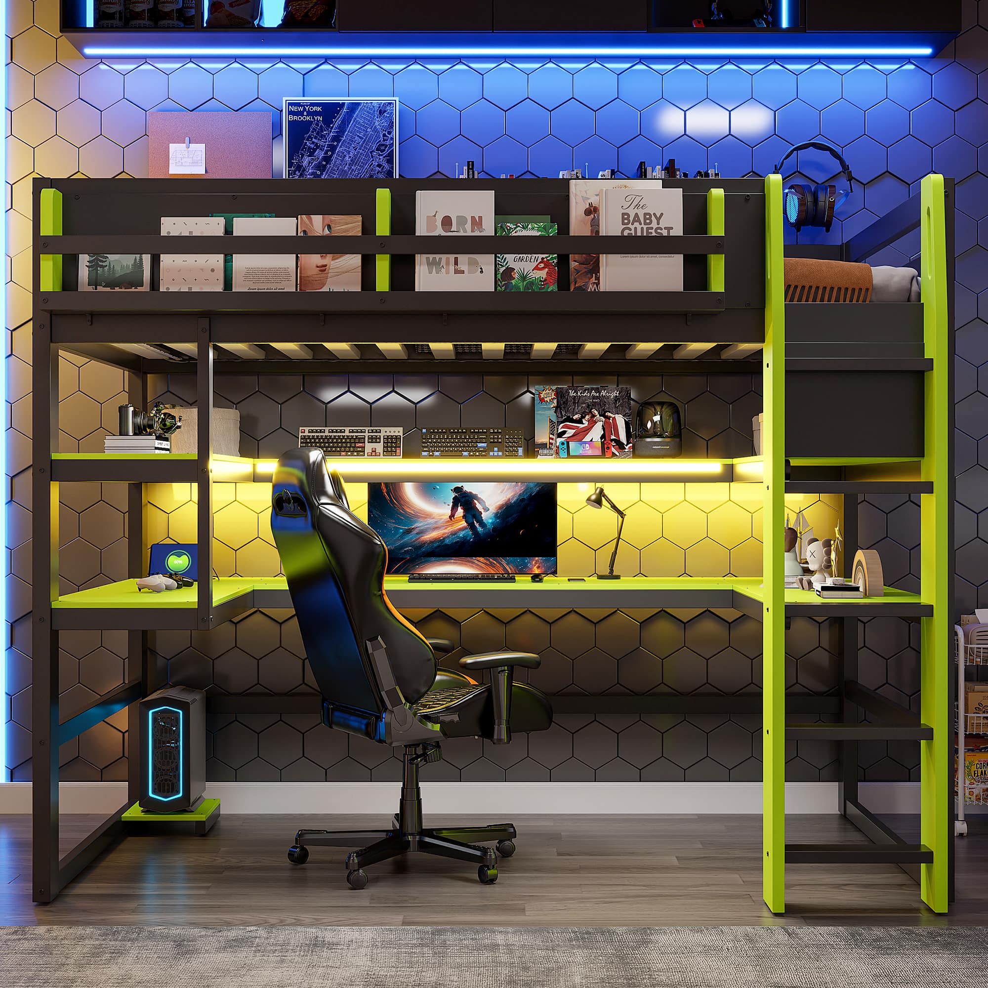 Anysun - Twin Size Wood Loft Bed with Desk,Side storage rack,Multi-storage Shelves and RGB Light,Cloud - Green