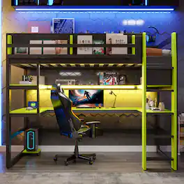 Anysun - Twin Size Wood Loft Bed with Desk,Side storage rack,Multi-storage Shelves and RGB Light,Cloud - Green