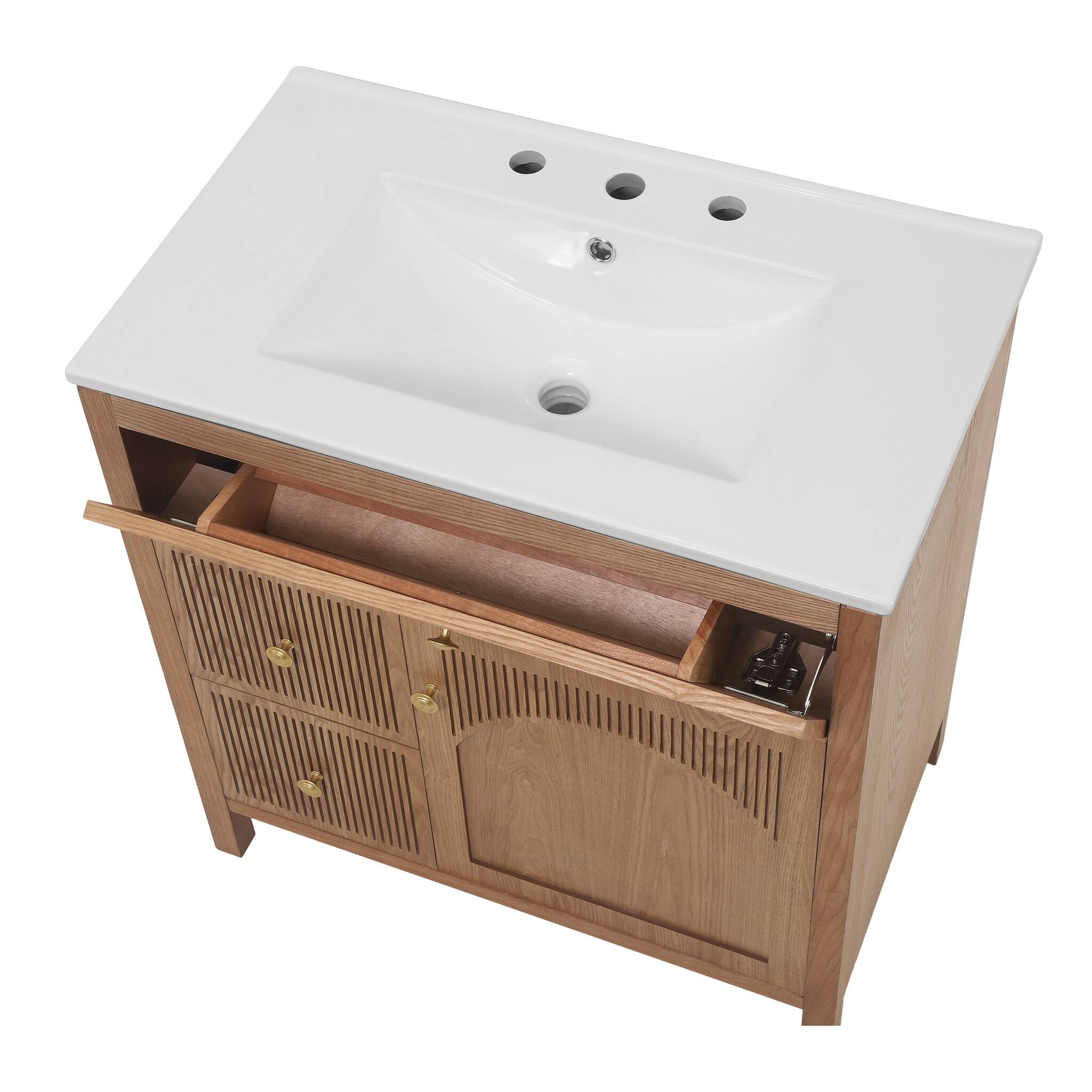 Alt View 3. JUJABU - 30 Inch Freestanding Farmhouse Bathroom Vanity with Integrated White Ceramic Sink Top and Soft Close Doors - Natural.