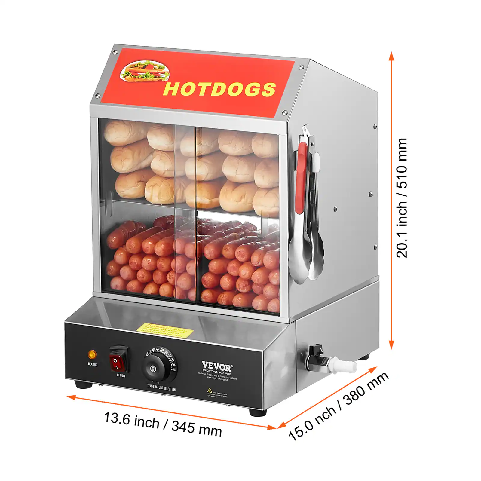 HOTDOGS

mm / 510 inch 20.1

BEATING VEVOR "OUGH TOOLE XIVI  Sodium wast Carboute TEMPERATURE SELECTION 4 13.6 inch I 345 mm

mm / 380 inch 15.0