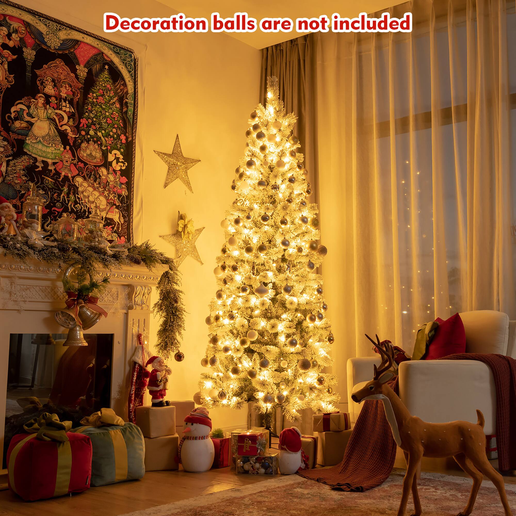 The image shows a beautifully decorated Christmas tree in a living room, with a fireplace nearby. The tree is adorned with ornaments and lights, creating a festive atmosphere. There are also presents placed around the tree, adding to the holiday cheer. However, the text "Decoration balls are not included" suggests that some essential decorative elements might be missing, or perhaps the tree is not fully decorated.