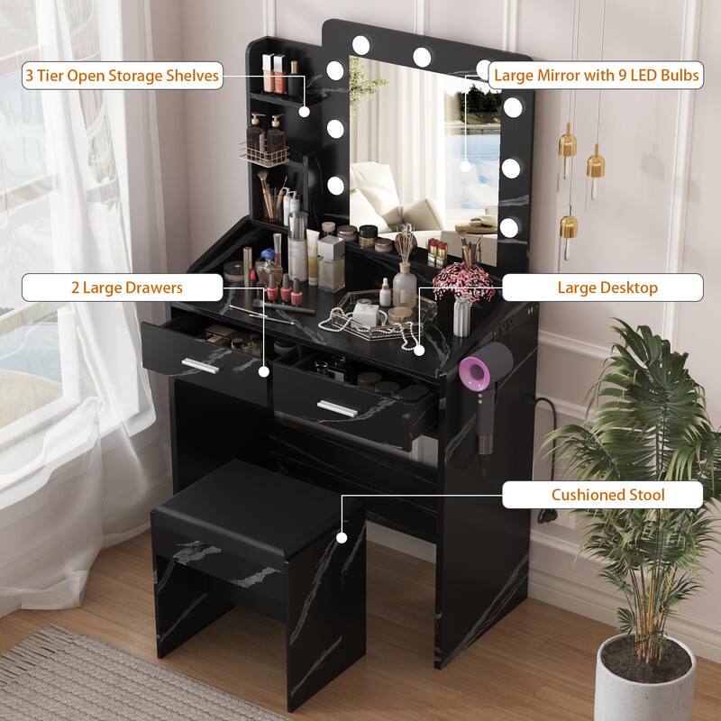 - 3 Tier Open Storage Shelves
- Large Mirror with 9 LED Bulbs
- 2 Large Drawers
- Large Desktop
- Cushioned Stool