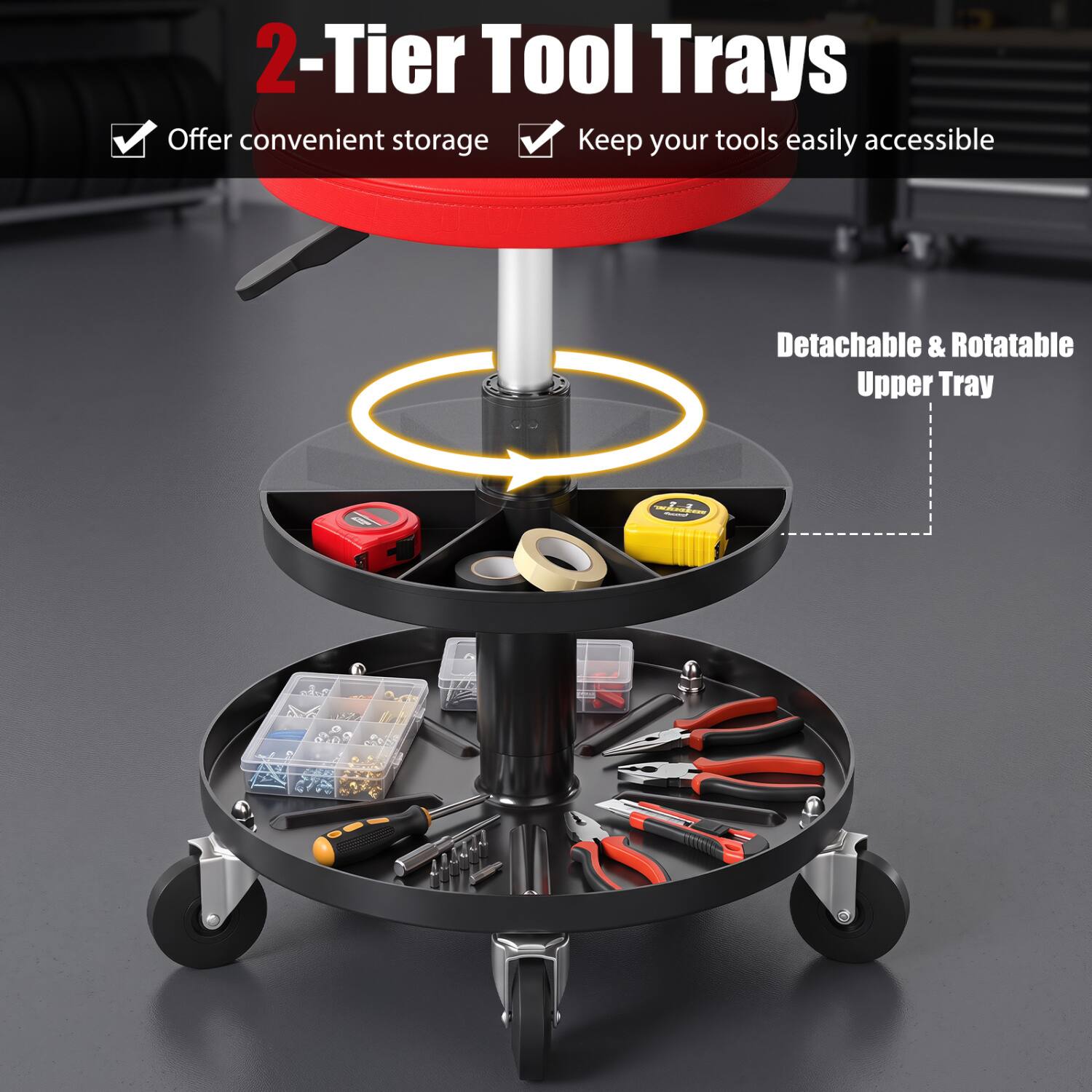 2-Tier Tool Trays Offer convenient storage Keep your tools easily accessible

Detachable & Rotatable Upper Tray

www.derstock.com