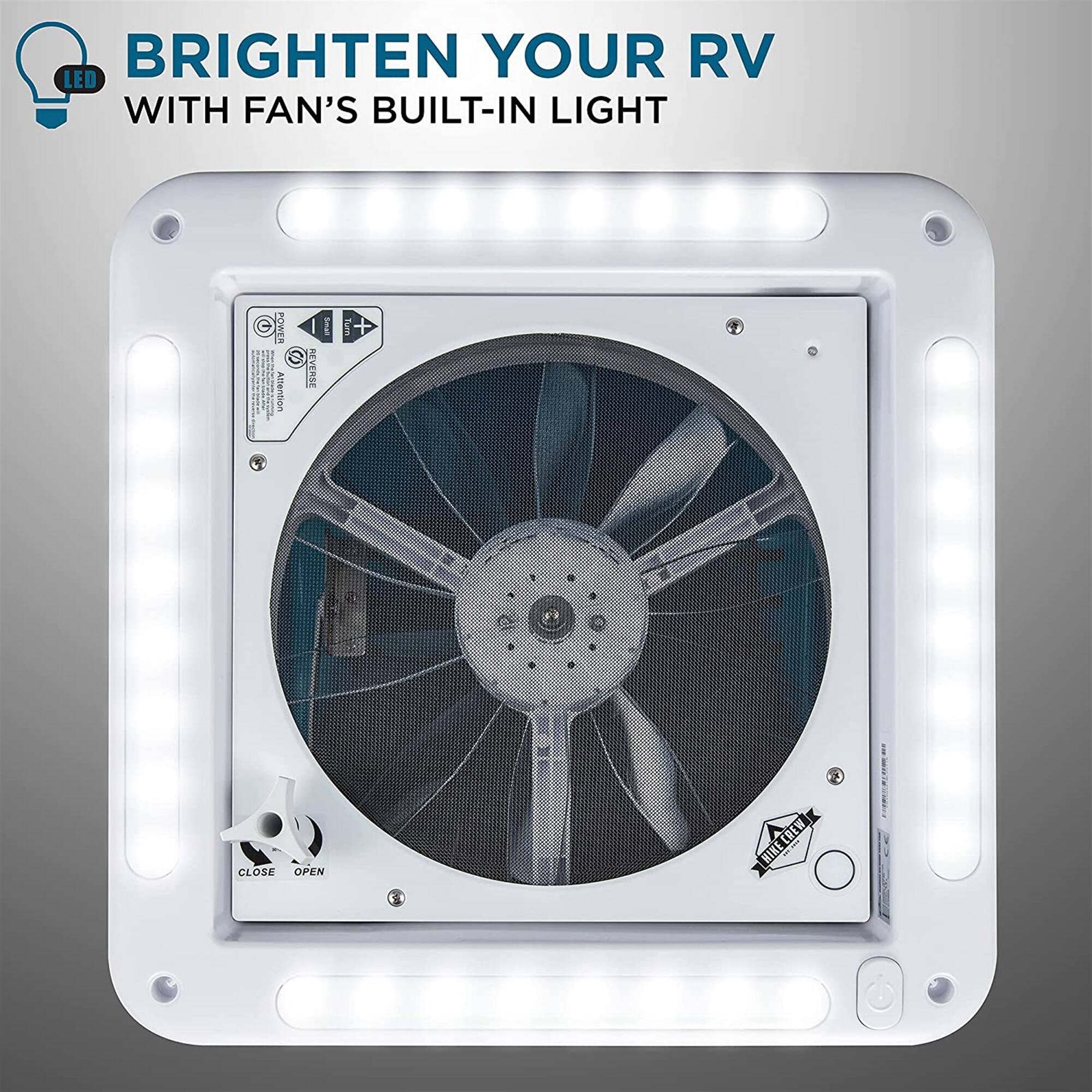 BRIGHTEN YOUR RV LED WITH FAN'S BUILT-IN LIGHT

G POEA S Artention I REVERSE I Tur 5 CLOSE OPEN 3 HIKE COEN