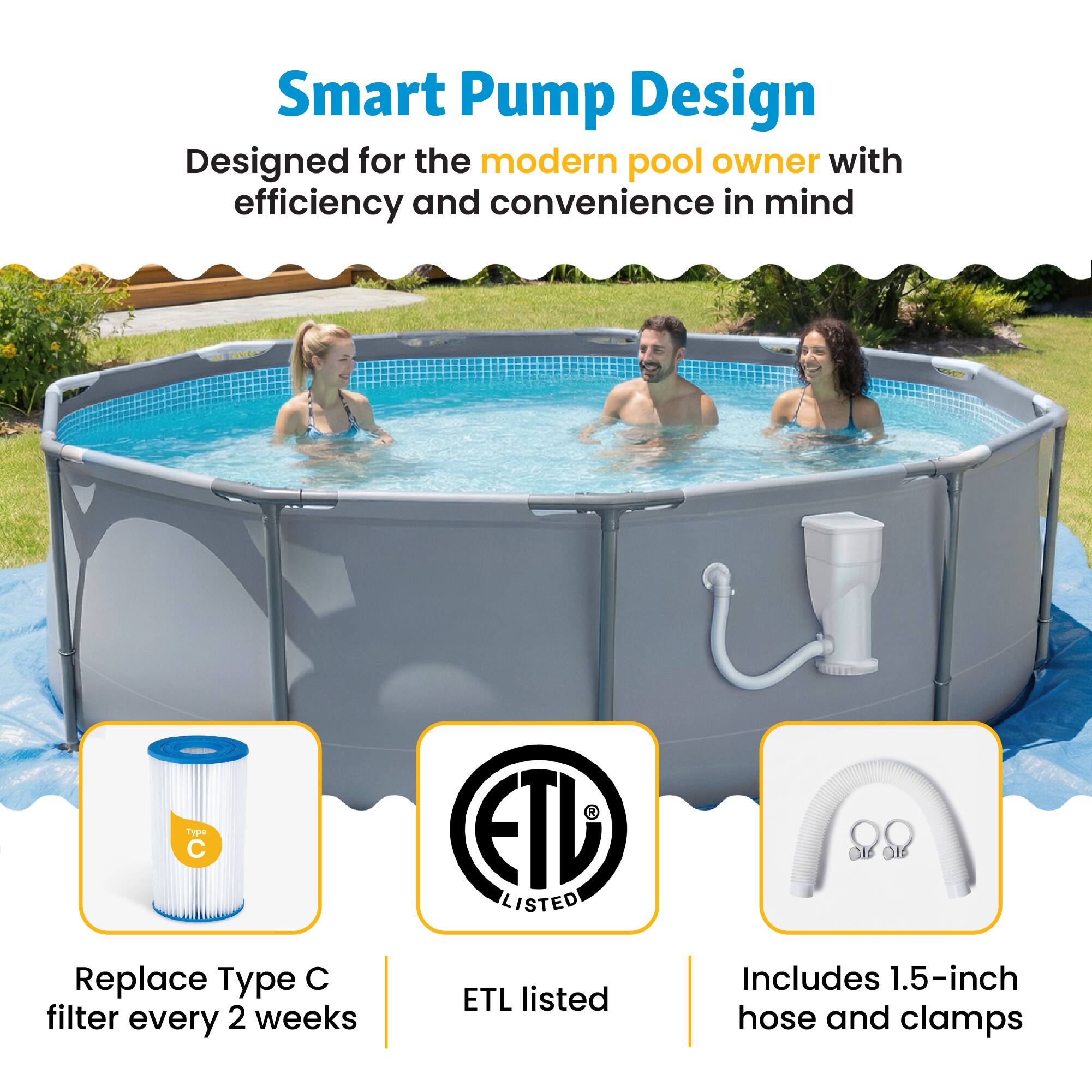 Smart Pump Design  
Designed for the modern pool owner with efficiency and convenience in mind  

Type C  
Replace Type C filter every 2 weeks  

ETD LISTED  
ETL listed  

Includes 1.5-inch hose and clamps