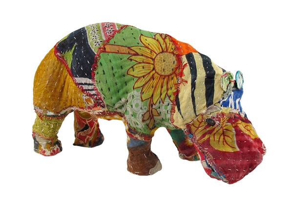 Front. Zeckos - Vintage Sari Fabric Decorated Paper Mache Hippo Sculpture 6 in. - Multicolored.