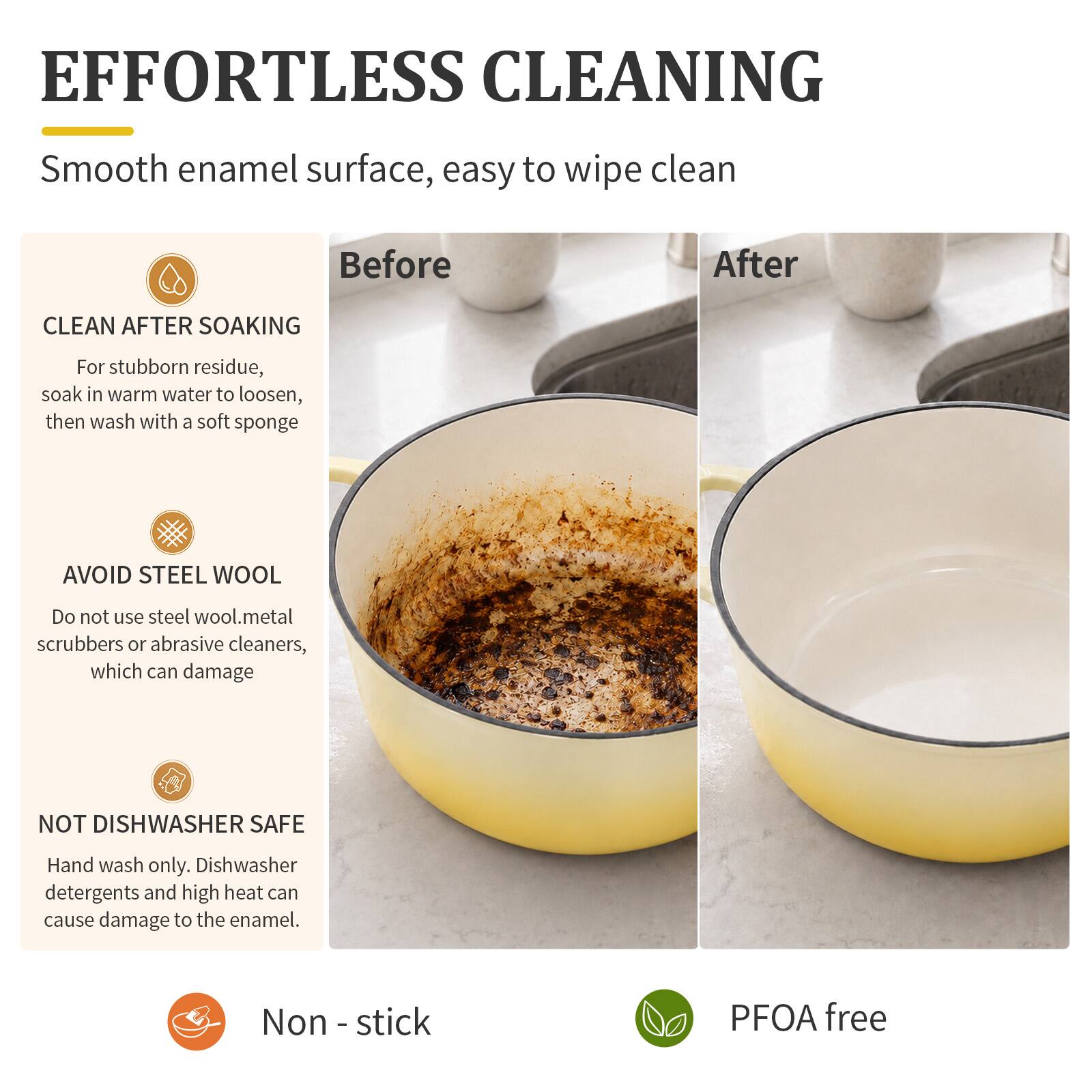 EFFORTLESS CLEANING  
Smooth enamel surface, easy to wipe clean

Before  
After

CLEAN AFTER SOAKING  
For stubborn residue, soak in warm water to loosen, then wash with a soft sponge

AVOID STEEL WOOL  
Do not use steel wool, metal scrubbers or abrasive cleaners, which can damage

NOT DISHWASHER SAFE  
Hand wash only. Dishwasher detergents and high heat can cause damage to the enamel.

Non-stick  
PFOA free