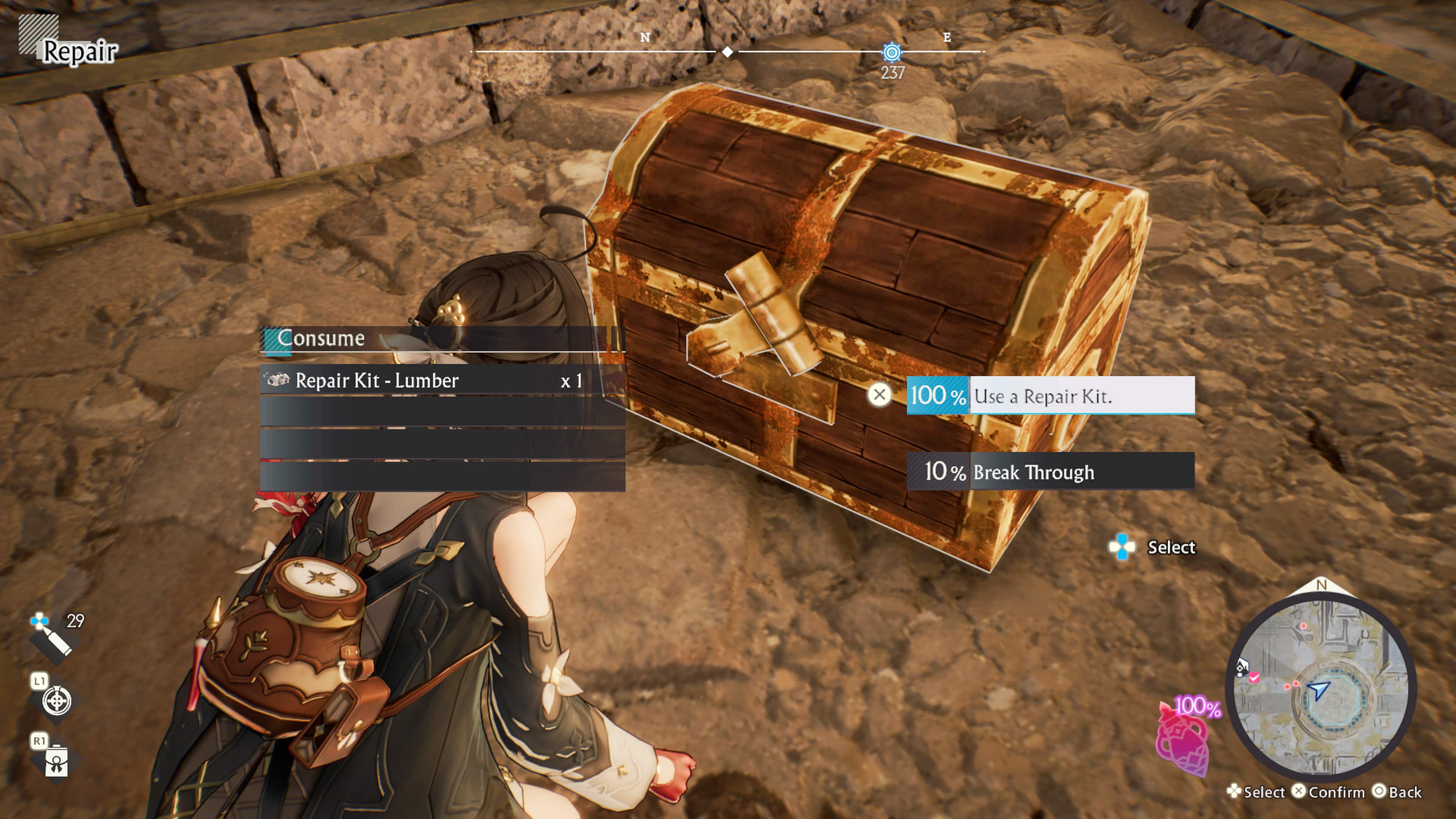 The text on the image is grouped and corrected as follows:
1. Repair N 237 E: Consume Repair Kit 1 Lumber x 1 x 100%
2. Use a Repair Kit. 10%: Break Through
3. Select N 29 L1 100%: R1 Select x Confirm Back