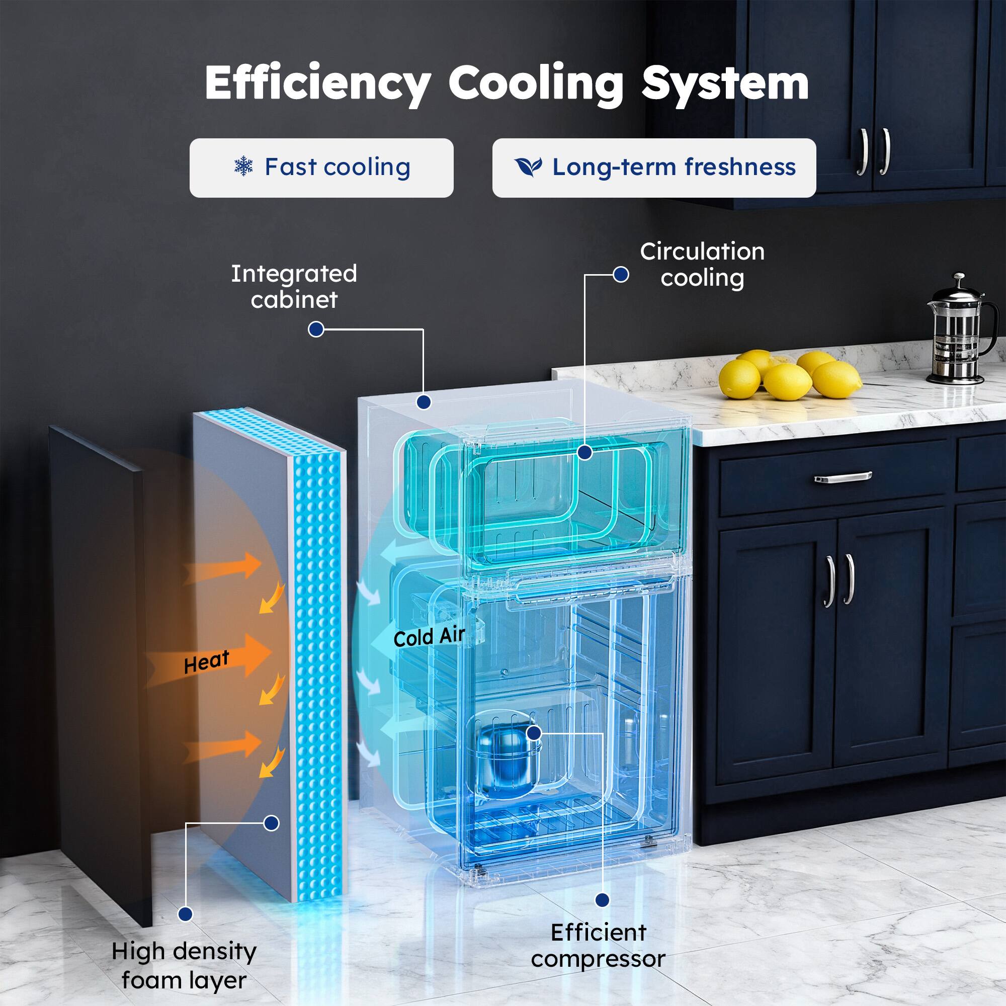 Efficiency Cooling System  
- Fast cooling  
- Long-term freshness  
- Integrated cabinet  
- Circulation cooling  
- High density foam layer  
- Efficient compressor
