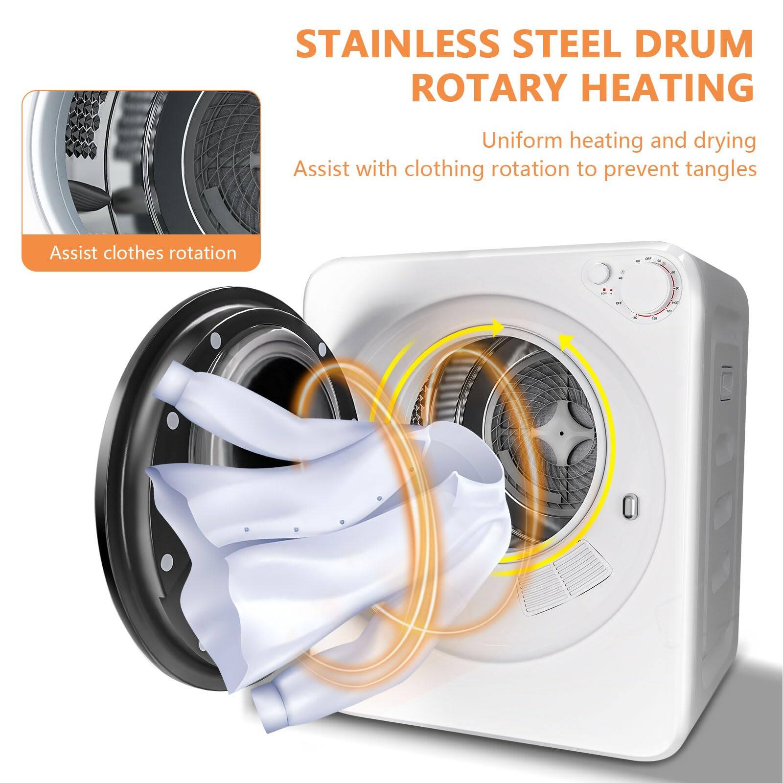 STAINLESS STEEL DRUM ROTARY HEATING

Uniform heating and drying  
Assist with clothing rotation to prevent tangles

Assist clothes rotation