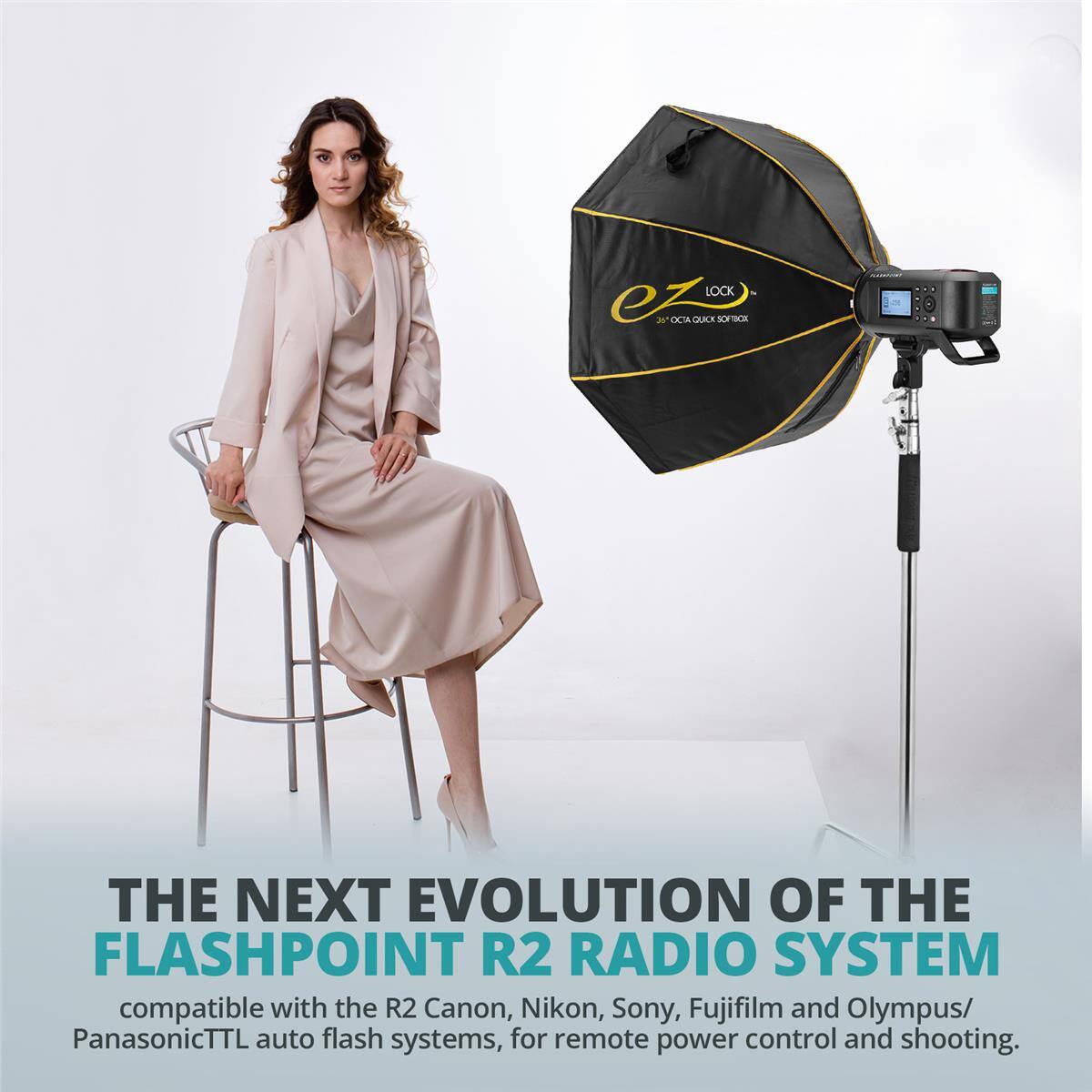 LOCK ez OCIA QUIA SOFTBOX THE NEXT EVOLUTION OF THE FLASHPOINT R2 RADIO SYSTEM compatible with the R2 Canon, Nikon, Sony, Fujifilm and Olympus/ Panasonic TTL auto flash systems, for remote power control and shooting.