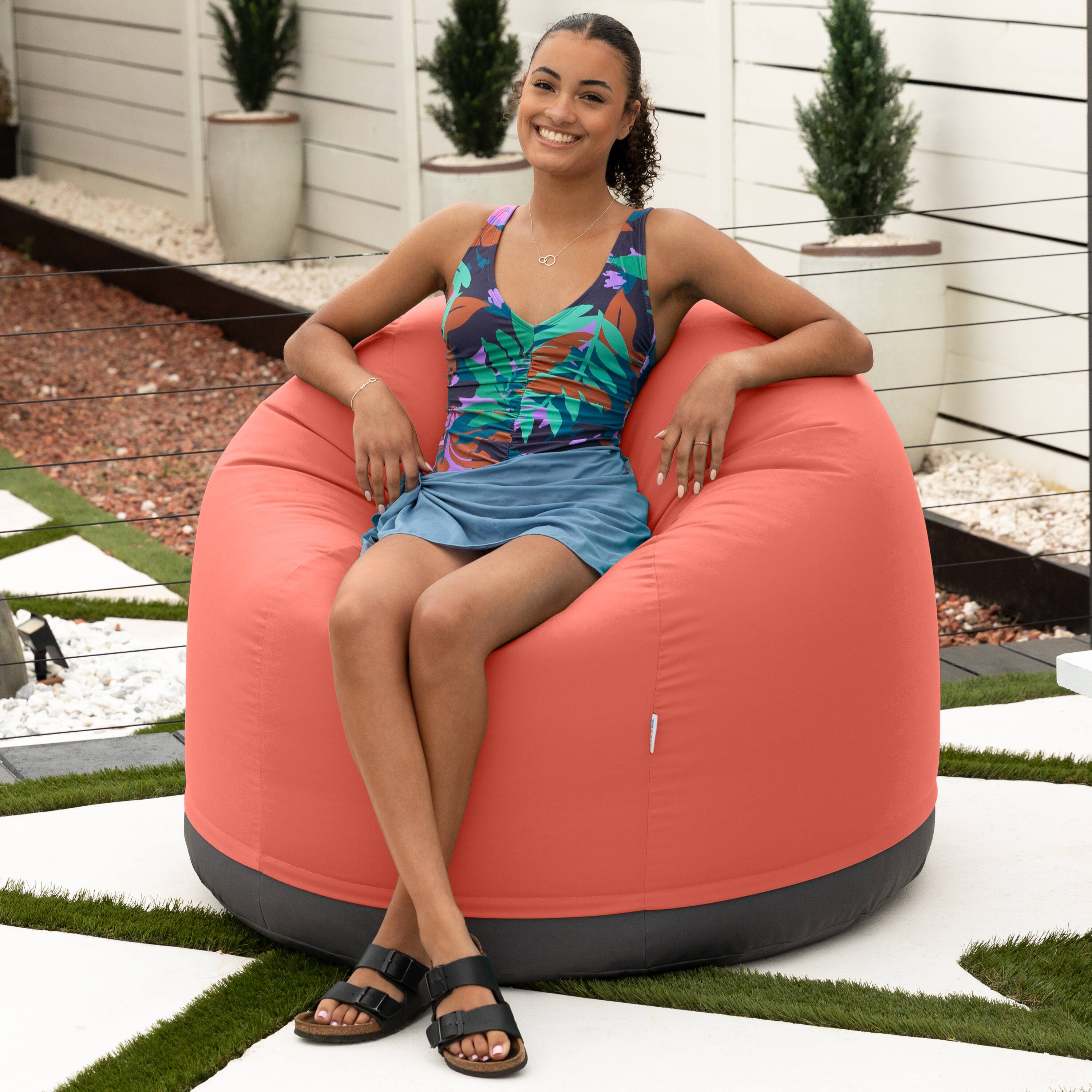 Angle. Jaxx - Jaxx Palmetto Large Round Outdoor Bean Bag Club Chair - Flamingo - Flamingo.
