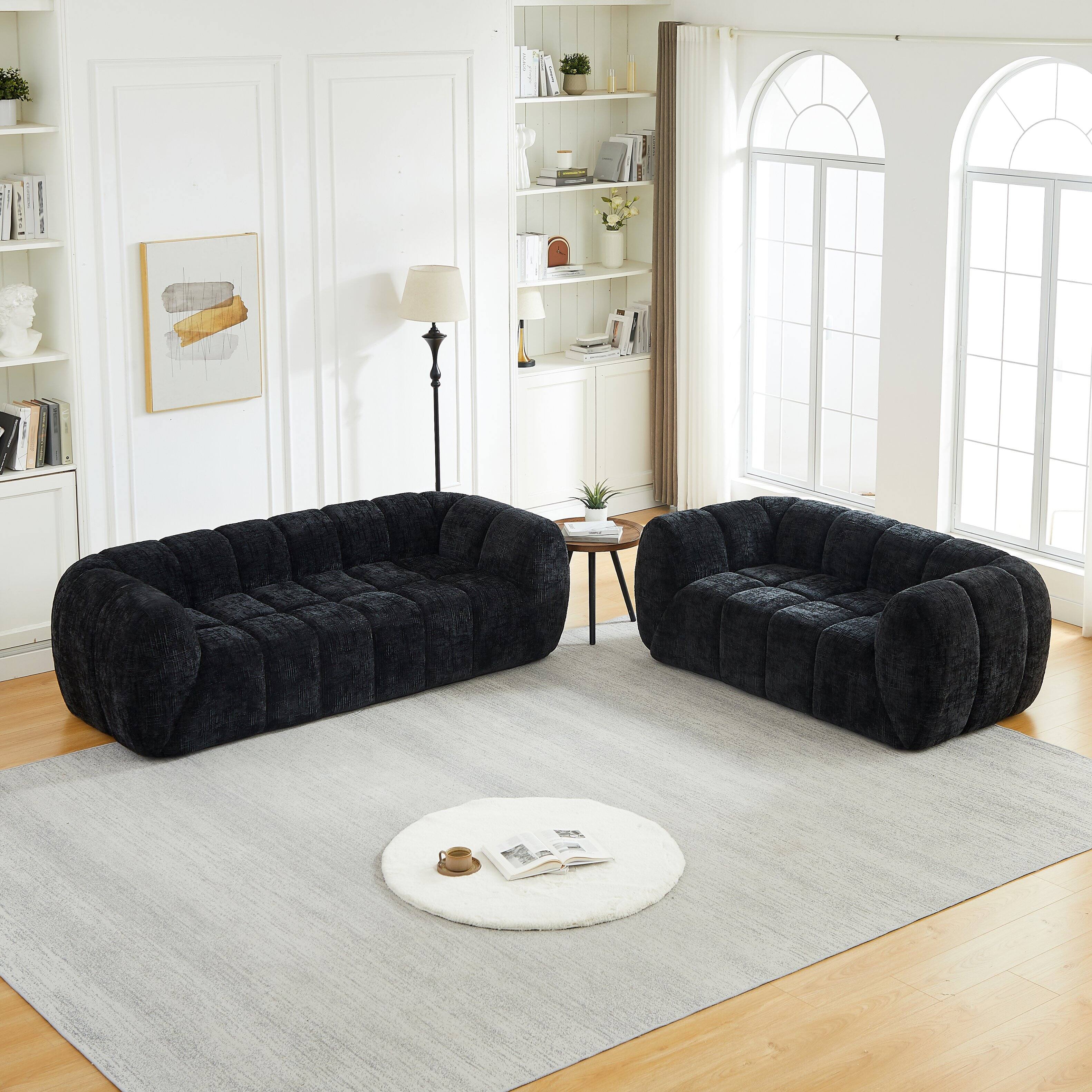 Back. Anysun - Chenille Pure Foam Sofa Set – 3+2 Modern Quilted Cloud Sofa, Deep-Seat Chenille, Comfortable 3-Seater & 2-Seater Sofa - Black.
