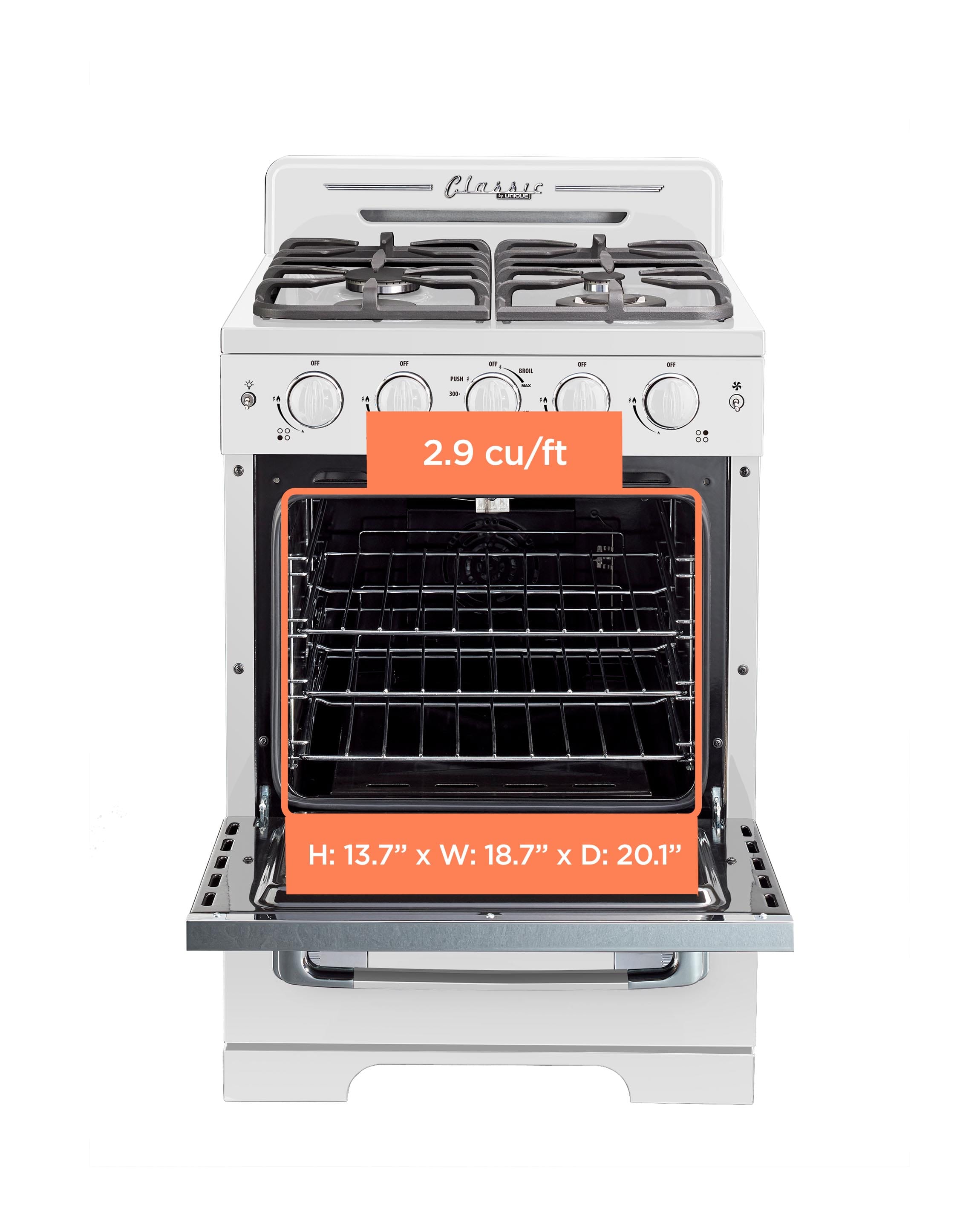 Classic 2.9 cu/ft oven with dimensions H: 13.7" X W: 18.7" X D: 20.1".