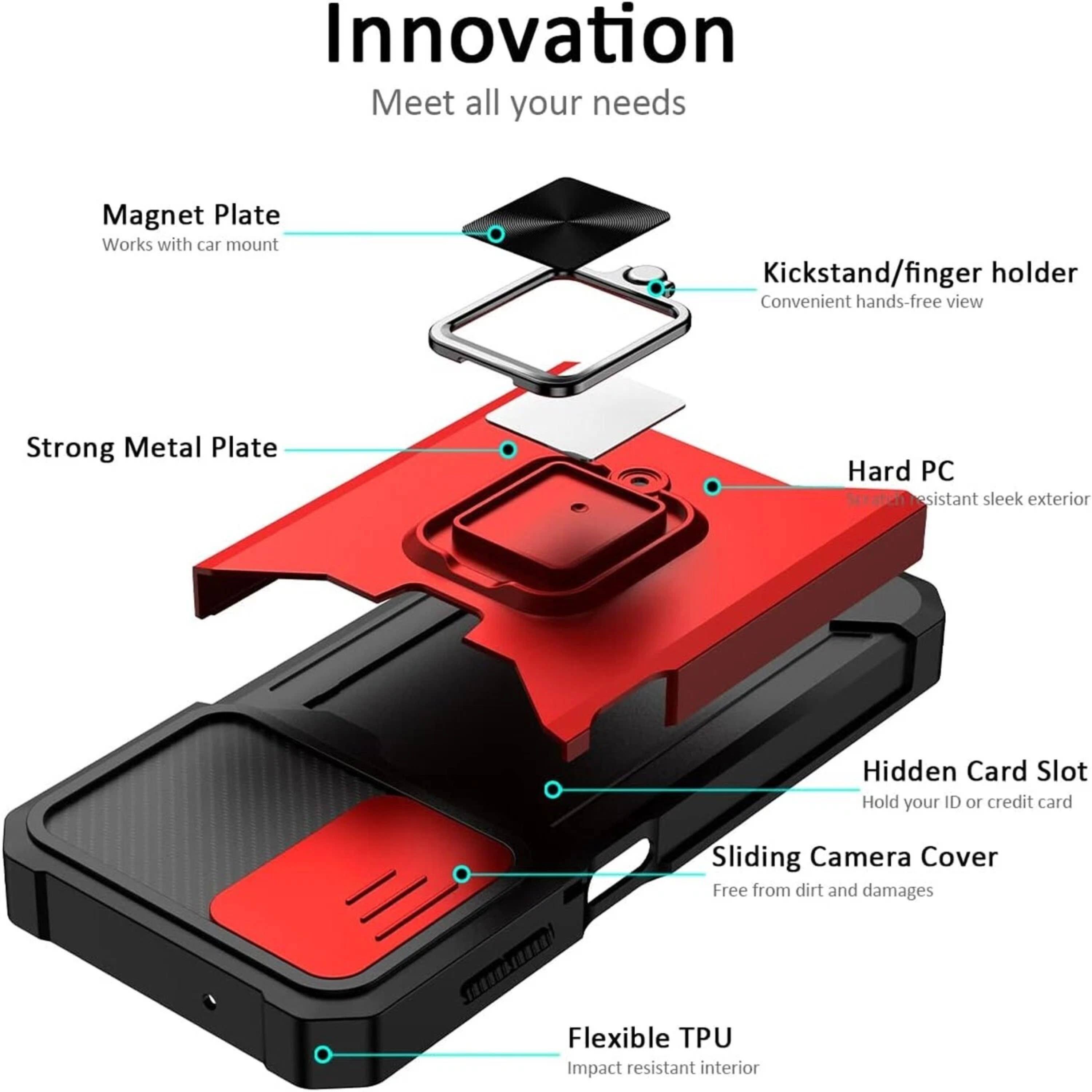 Innovation  
Meet all your needs  

- Magnet Plate  
  Works with car mount  

- Kickstand/finger holder  
  Convenient hands-free view  

- Strong Metal Plate  

- Hard PC  
  Resistant sleek exterior  

- Hidden Card Slot  
  Hold your ID or credit card  

- Sliding Camera Cover  
  Free from dirt and damages  

- Flexible TPU  
  Impact resistant interior