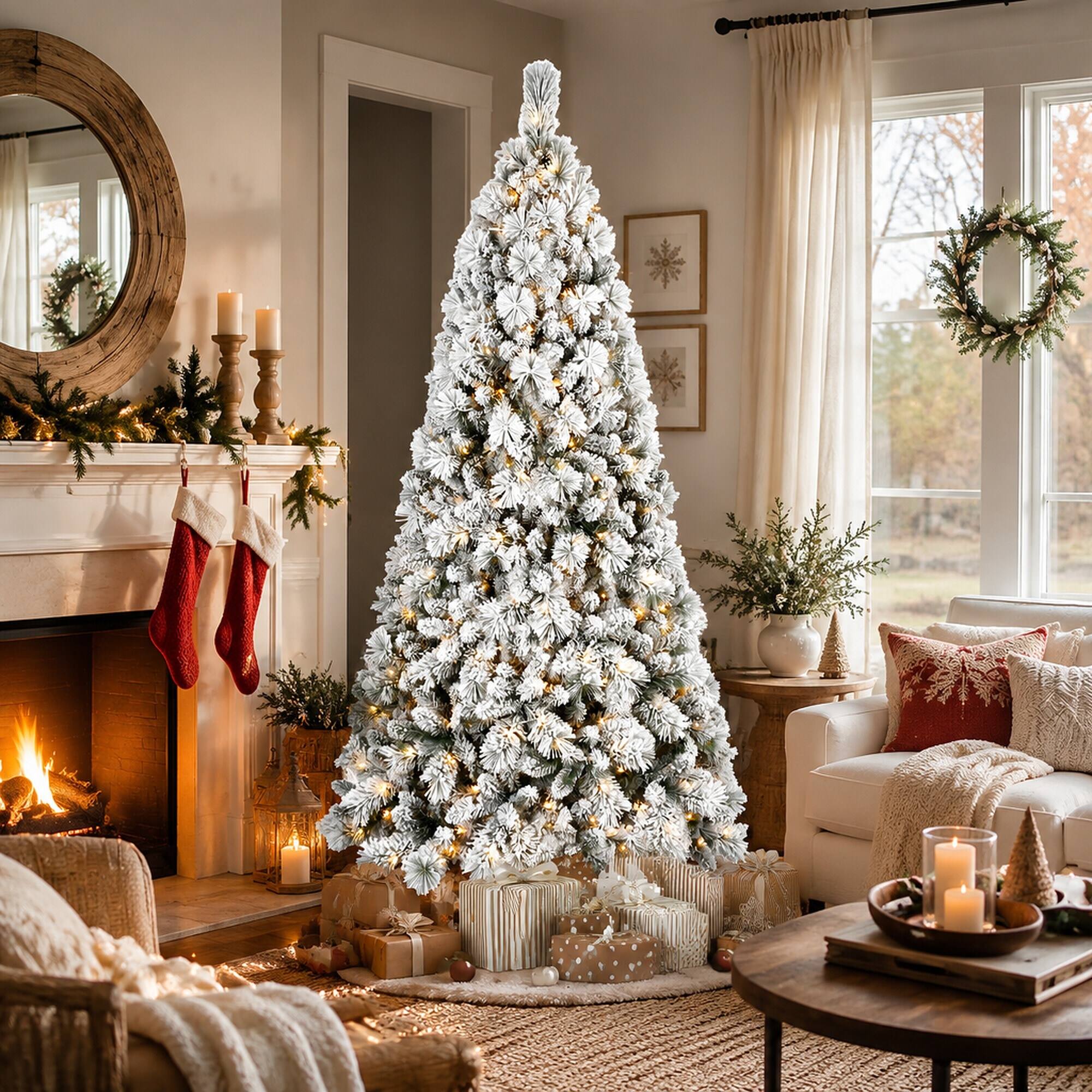 Angle. RYHNUYNE - 8FT Flocked Pre-Lit Christmas Tree, 600 Warm White LED Lights 1445 Tips PVC Hard Needle Hinged Design - Green,White.