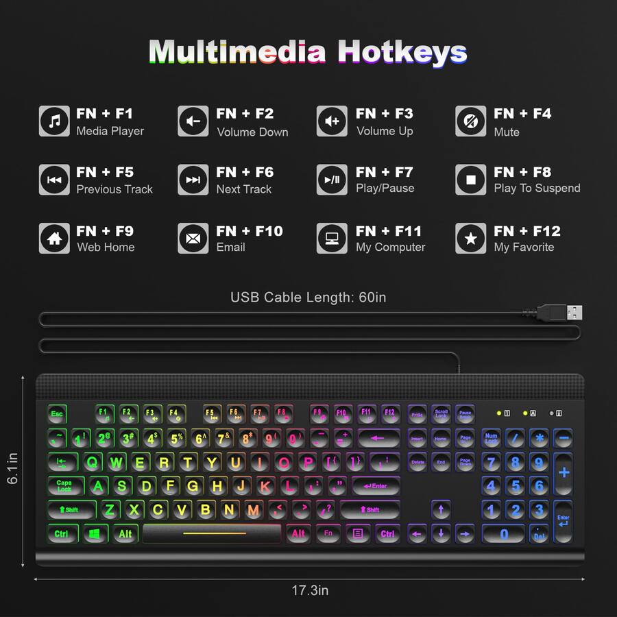 Hot Key Computer Device TECH SAFARI Backlit Wired Print Computer With Rainbow Illuminated Led ...