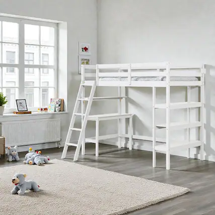 Front. Hivvago - Space-Saving Twin Bed Loft with Work Desk and Storage Shelves - White.