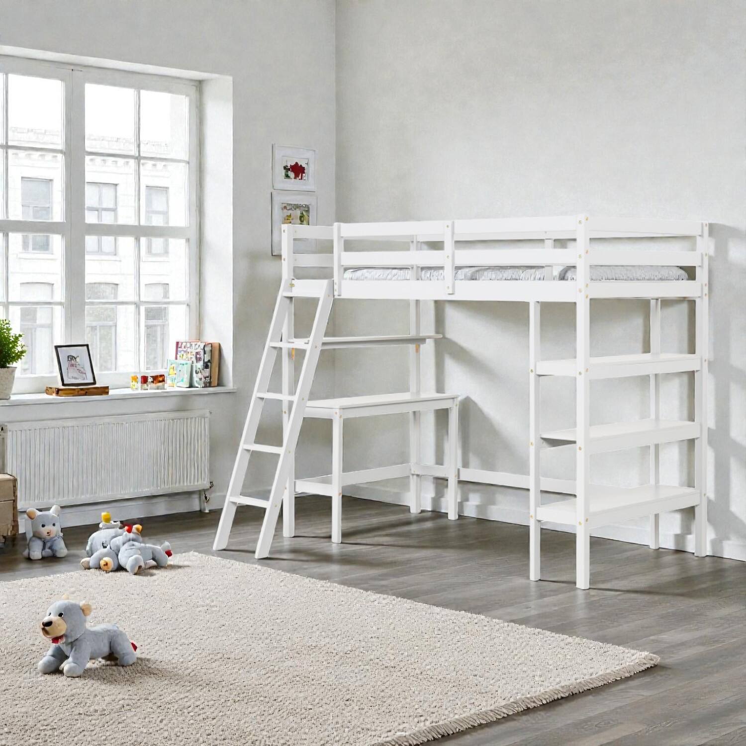 Front. Hivvago - Space-Saving Twin Bed Loft with Work Desk and Storage Shelves - White.