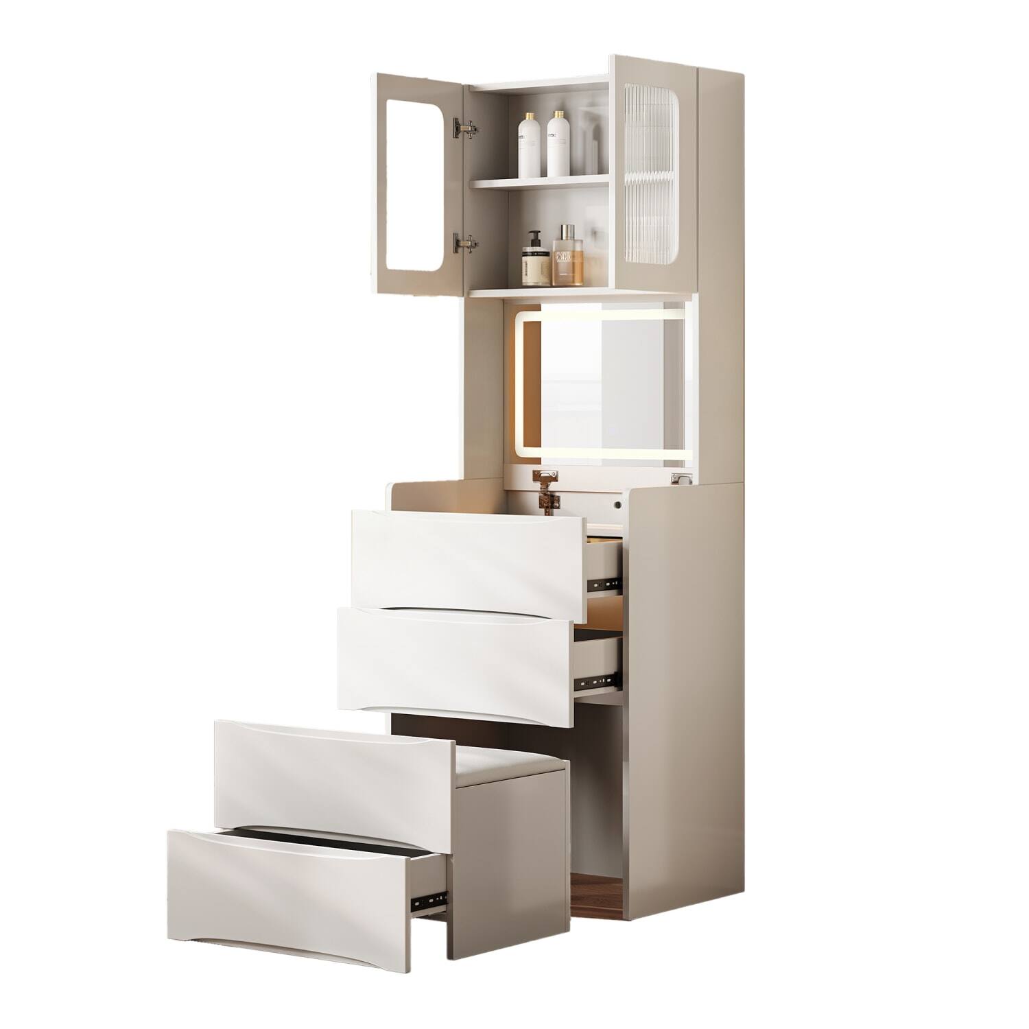 Alt View 5. Lirago - White Dresser Table Desk with LED Mirror Wood Dressing Table Storage Stool 15.35”D x 18.89”W x 62.99”H - White.