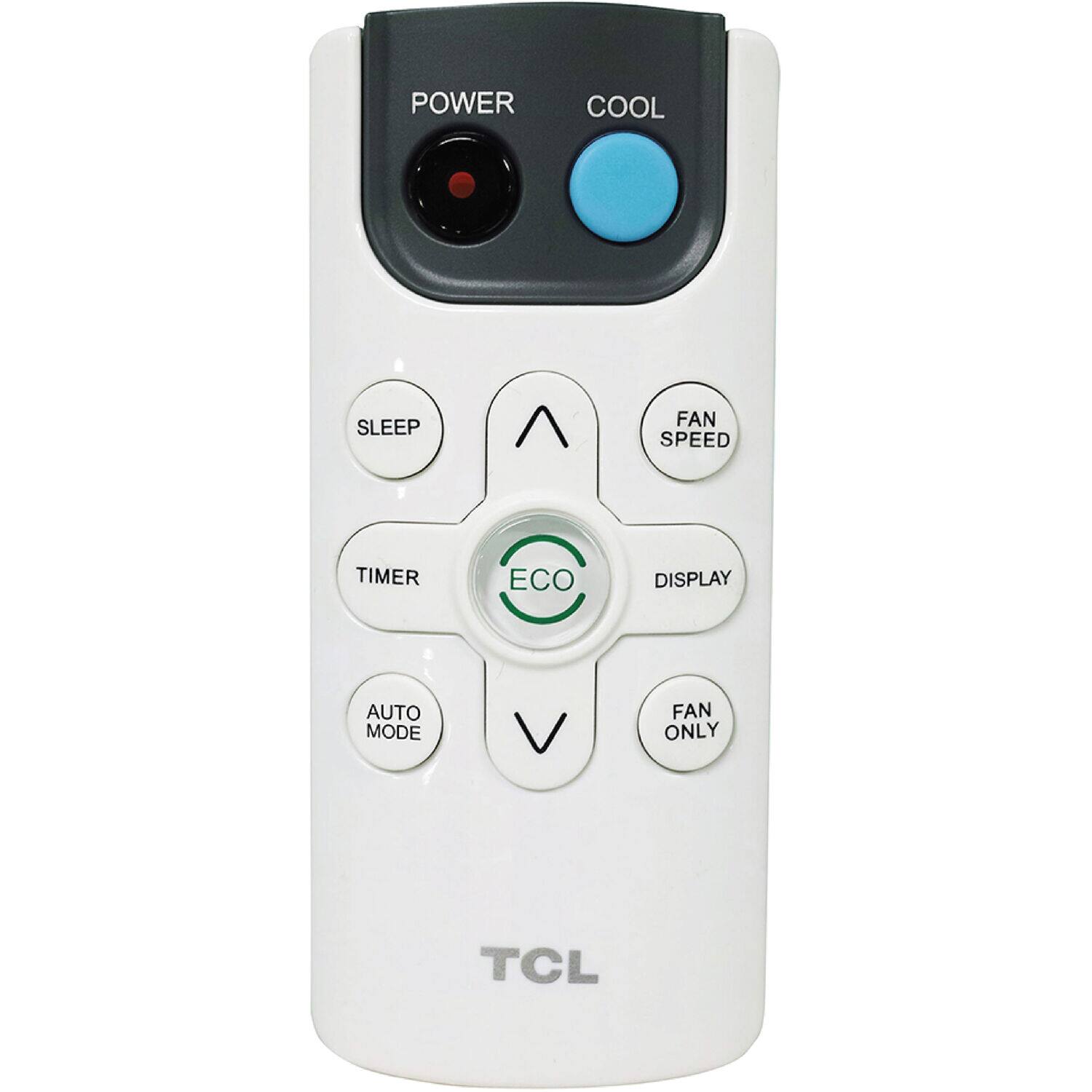 The image features a white TCL remote control with a variety of buttons. The buttons include Power, Cool, Sleep, Fan Speed, Timer, Eco, Display, Auto Mode, and Fan Only. The remote control is designed to control a fan, and the buttons allow users to adjust the fan settings, turn it on or off, and set a timer. The TCL branding is visible on the remote, indicating that it is a product from the TCL company.