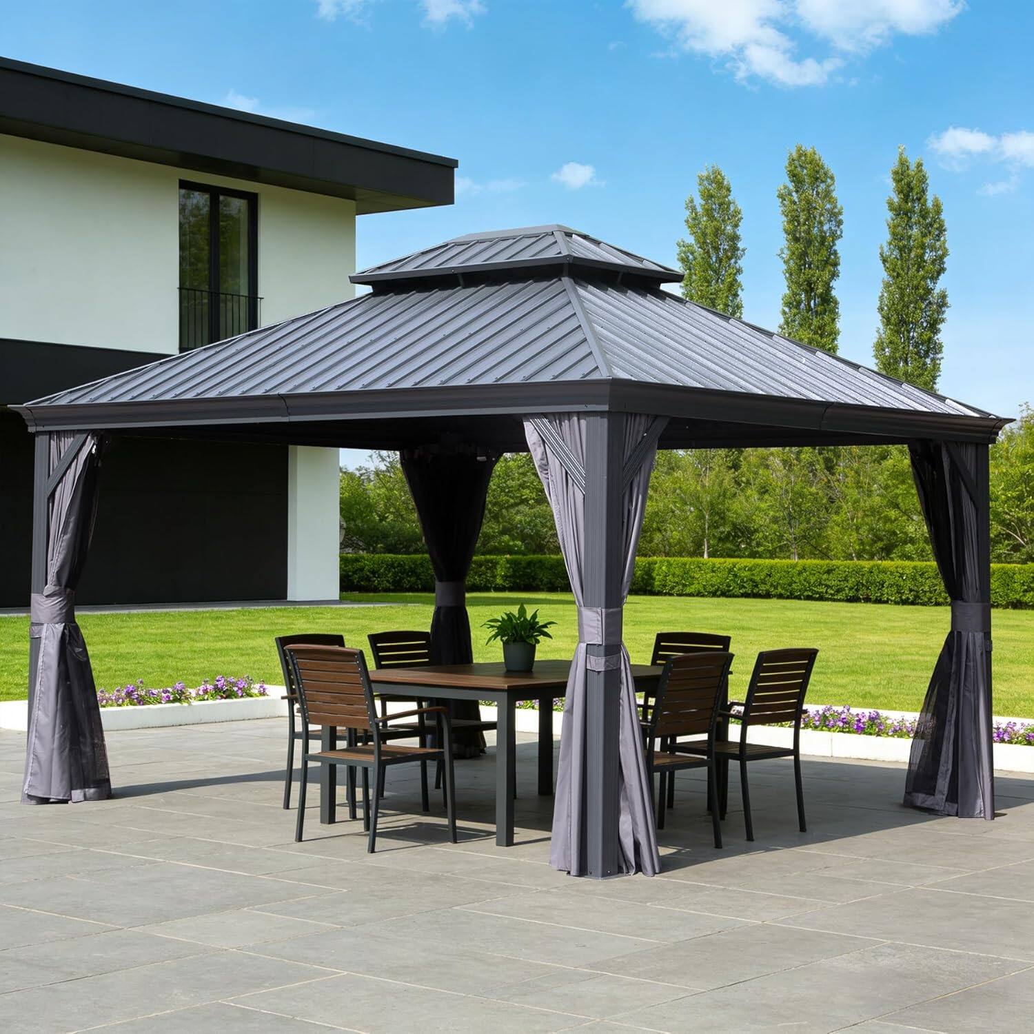 Angle. Mondawe - 13x15FT Outdoor Gazebo，Galvanized Steel Double Roof，Curtains and Netting Included - Dark Gray.