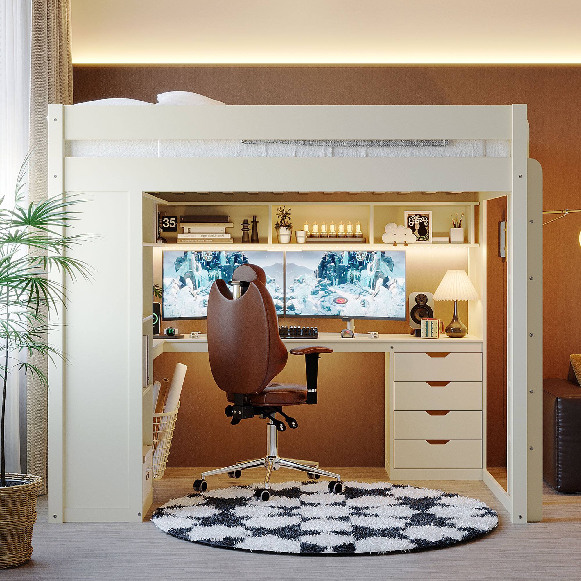 Angle. Anysun - Full Solid Wood Loft Bed with L-Shaped Desk & 4 Drawers - App-Controlled LED Lights, USB Ports & 4-Tier Shelves - White.