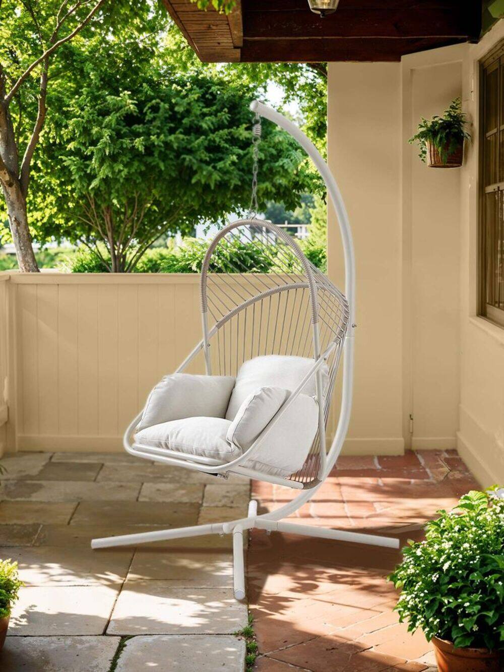 Angle. Songmics Home - Outdoor Steel Egg Chair – Bone Color - Gray.