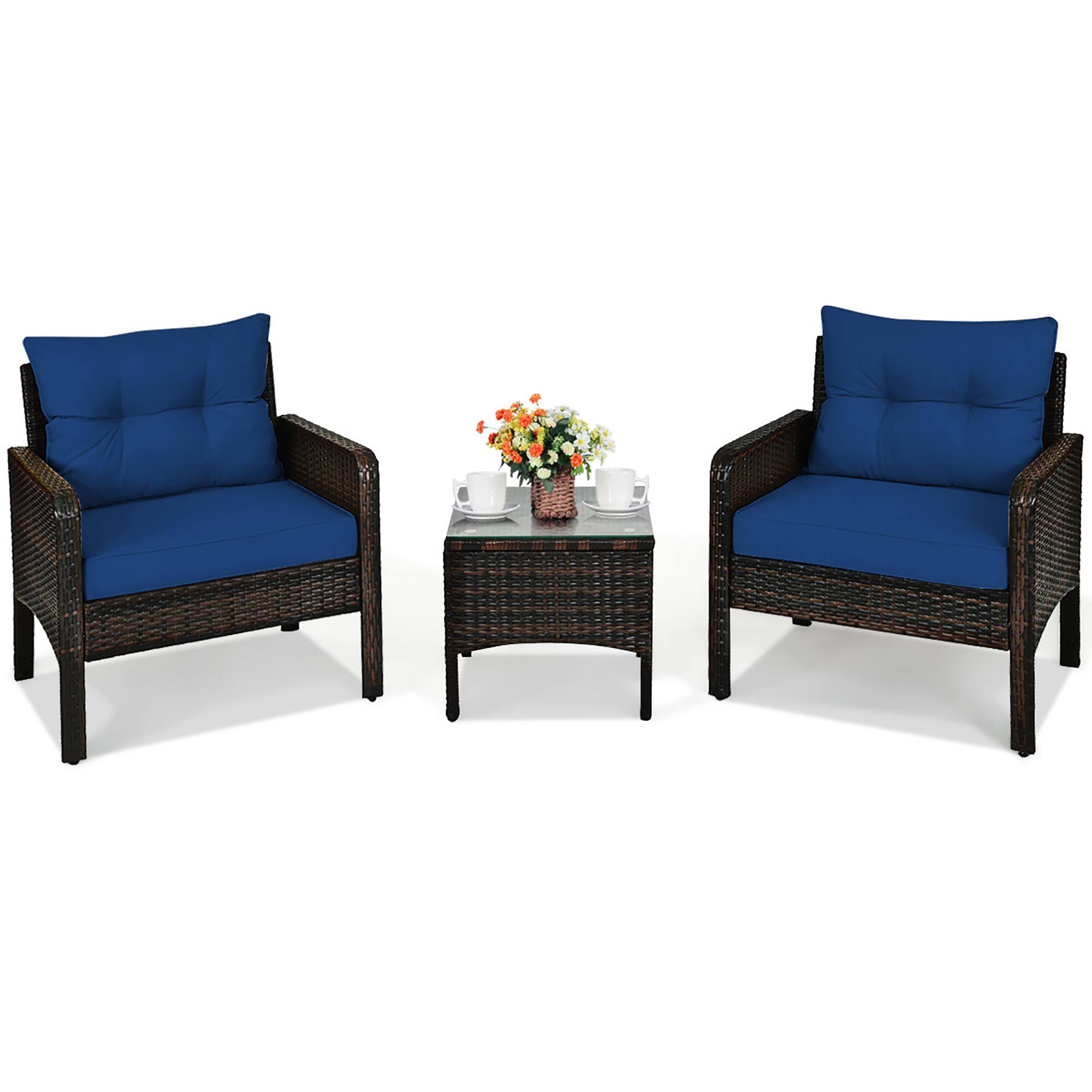 Front. Costway - 3PCS Outdoor Rattan Conversation Set Patio Garden Cushioned Sofa Chair - Navy.