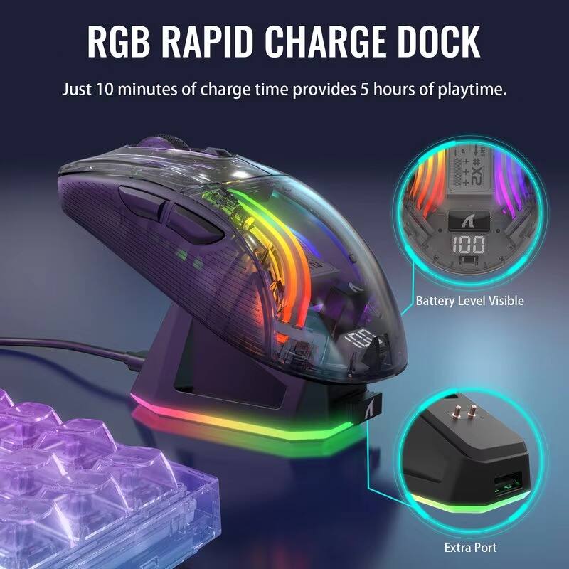 RGB RAPID CHARGE DOCK  
Just 10 minutes of charge time provides 5 hours of playtime.  

Battery Level Visible  
Extra Port