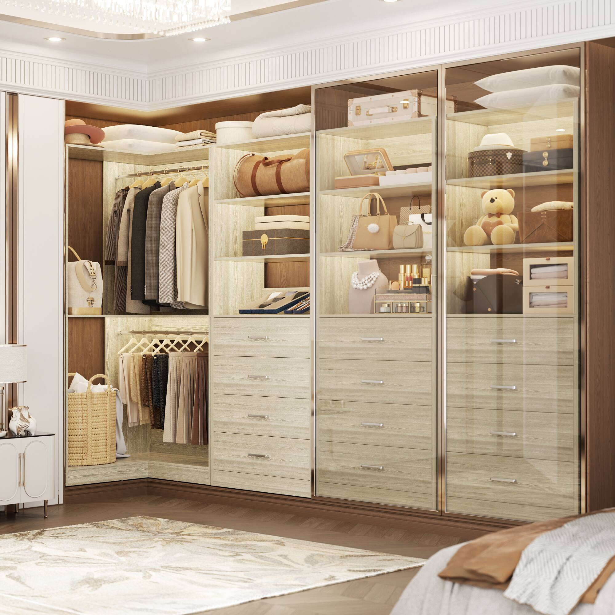 Alt View 1. Aheaplus - 4.4FT Closet Organizer System 2-Piece Set with 4 Drawers, 2 Hanging Rods and Storage Shelves, 52.8'' L x 31.5'' W - Beige Oak.