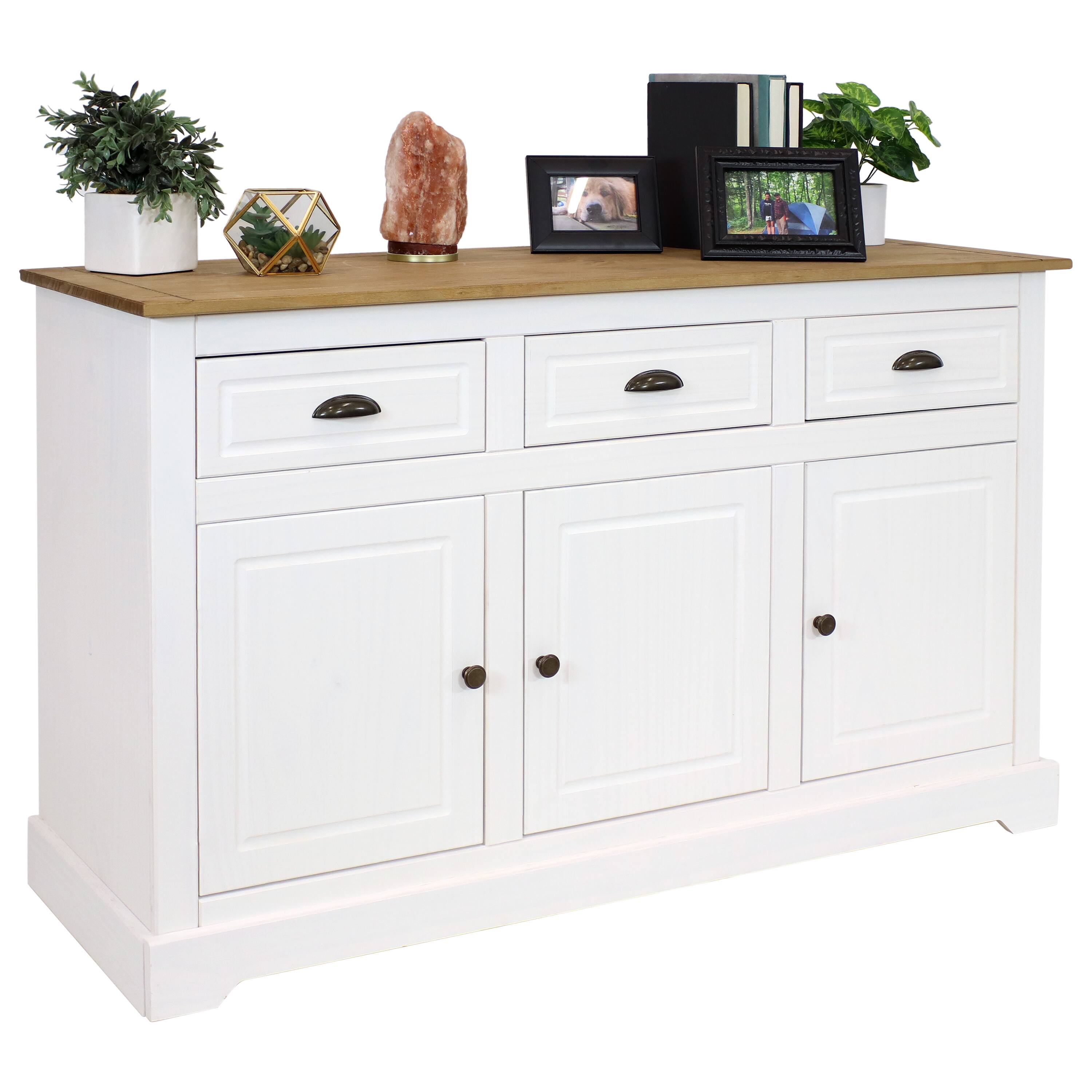 Alt View 5. Sunnydaze - Solid Pine Sideboard with 3 Drawers and 3 Doors - 32 in - White.