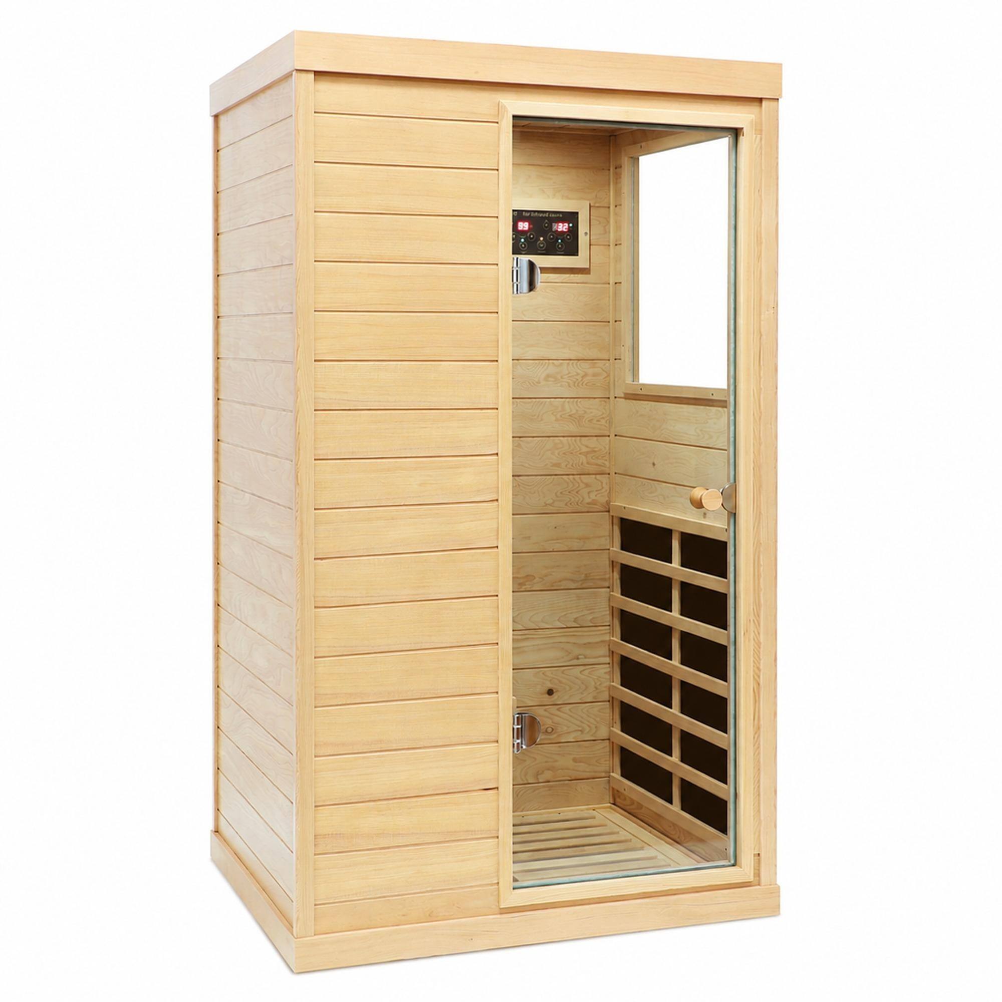 Front. RYHNUYNE - Hemlock Mini 1-Person Far Infrared Sauna, Right-Hinged Door, 1050W, 6 Heating Panels, Indoor - Natural.