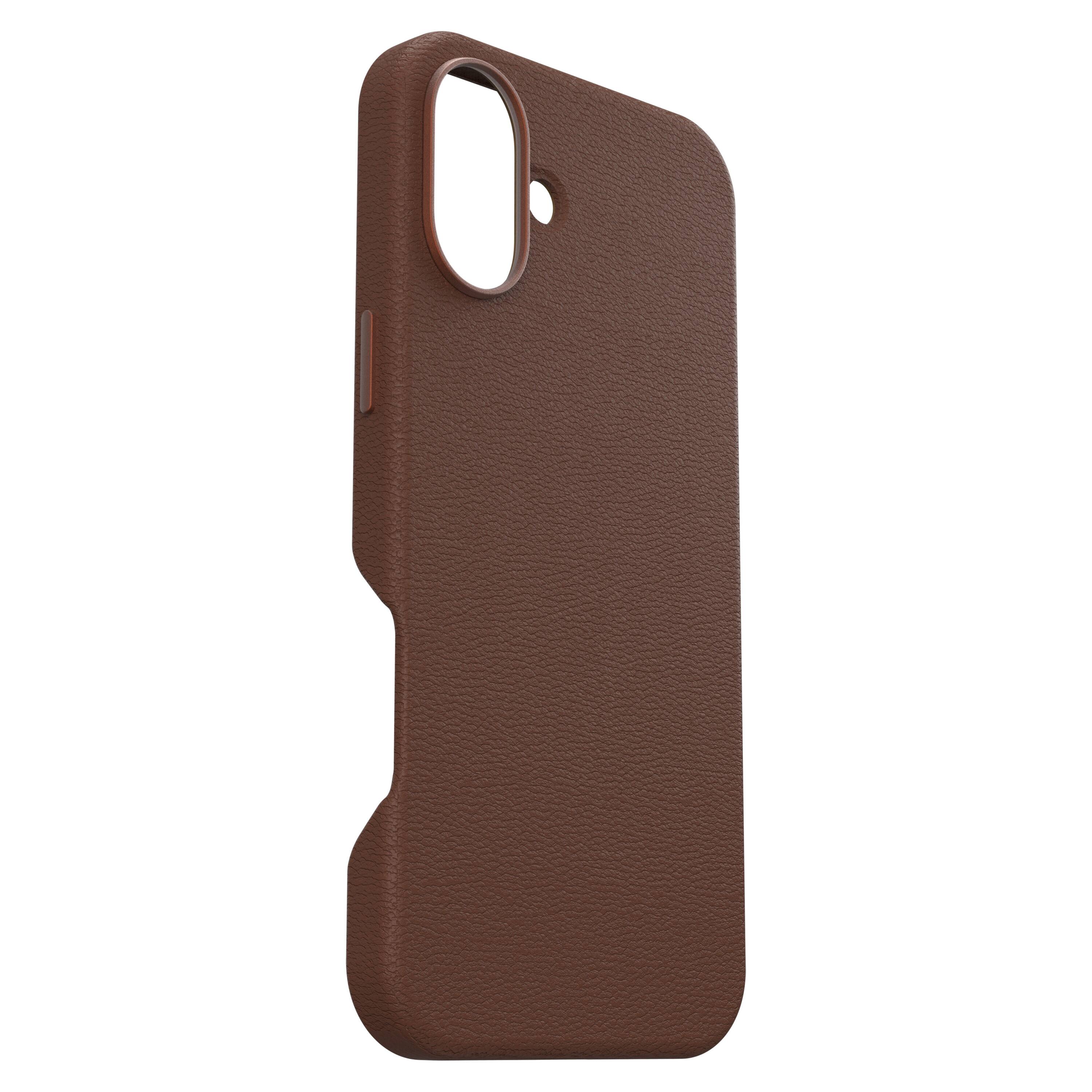 Left. OtterBox - Symmetry Cactus Leather Series Hard Shell for MagSafe for Apple iPhone 16 Plus - Rich Adobe.