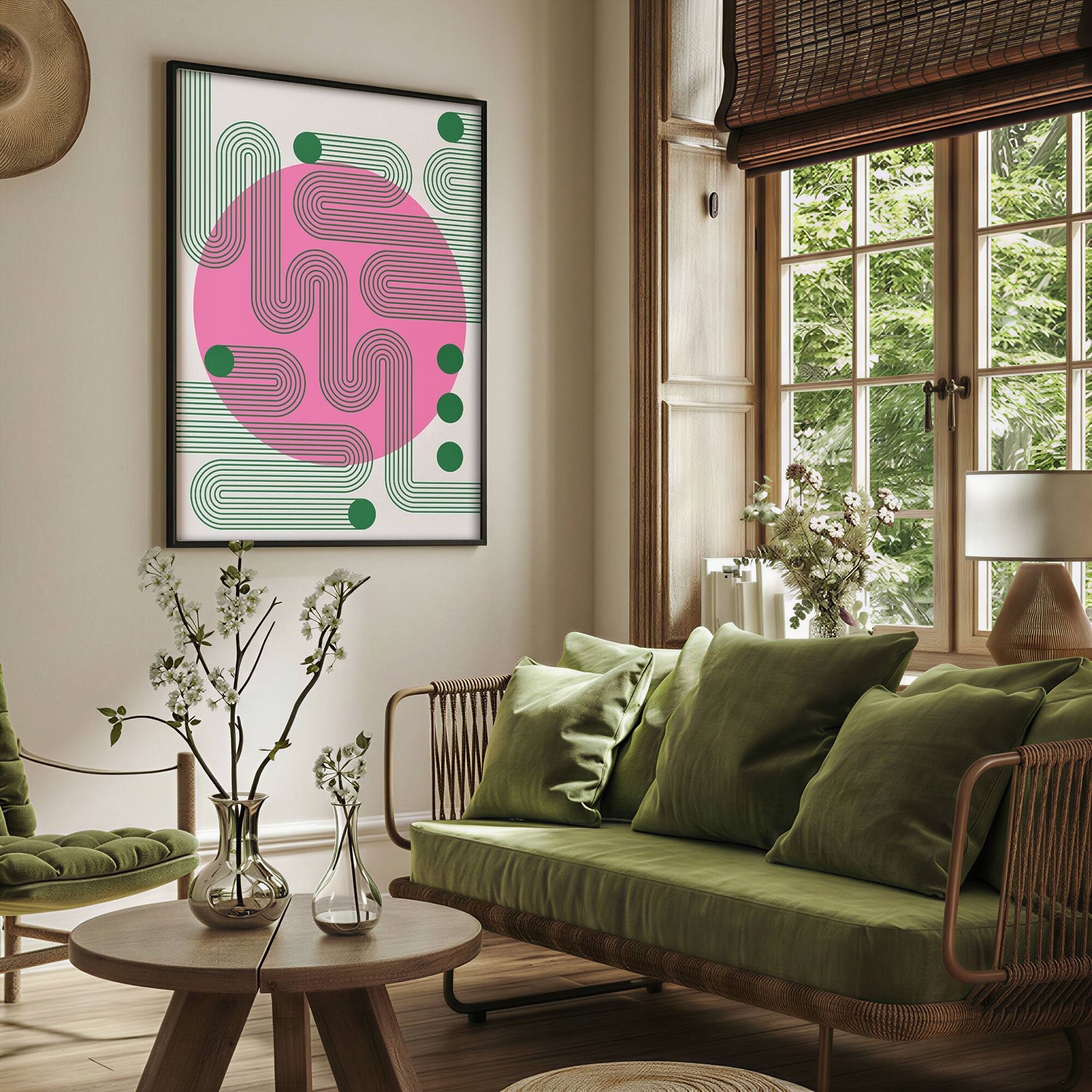 Alt View 4. HOMLUX - 1 Piece Framed Abstract Canvas Wall Art Pink Circle Wall Decor Green Line Art Decorative Canvas Print 36 in. x 24 in. - Multi-Colored.